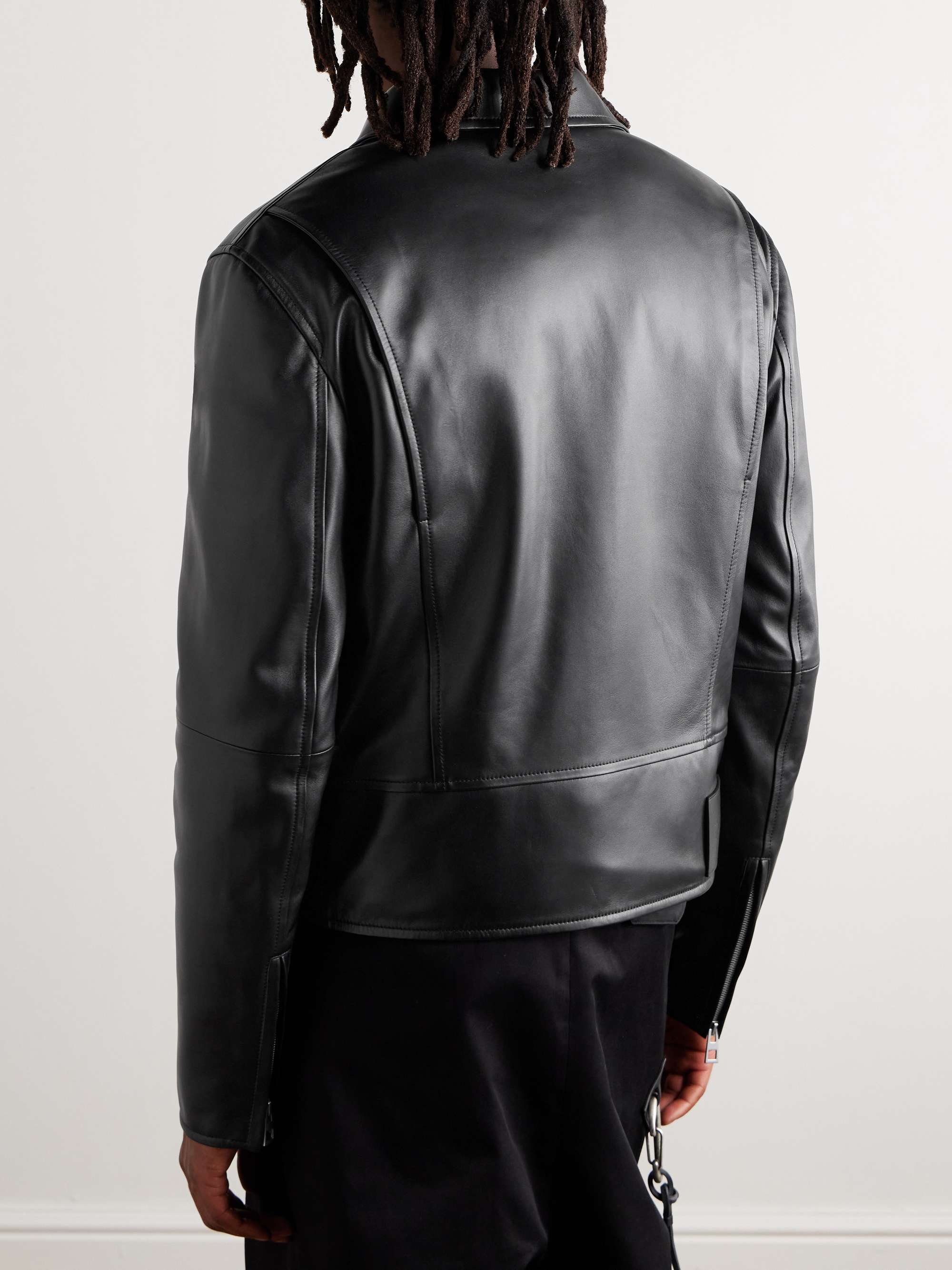 Logo-Embossed Belted Leather Biker Jacket view