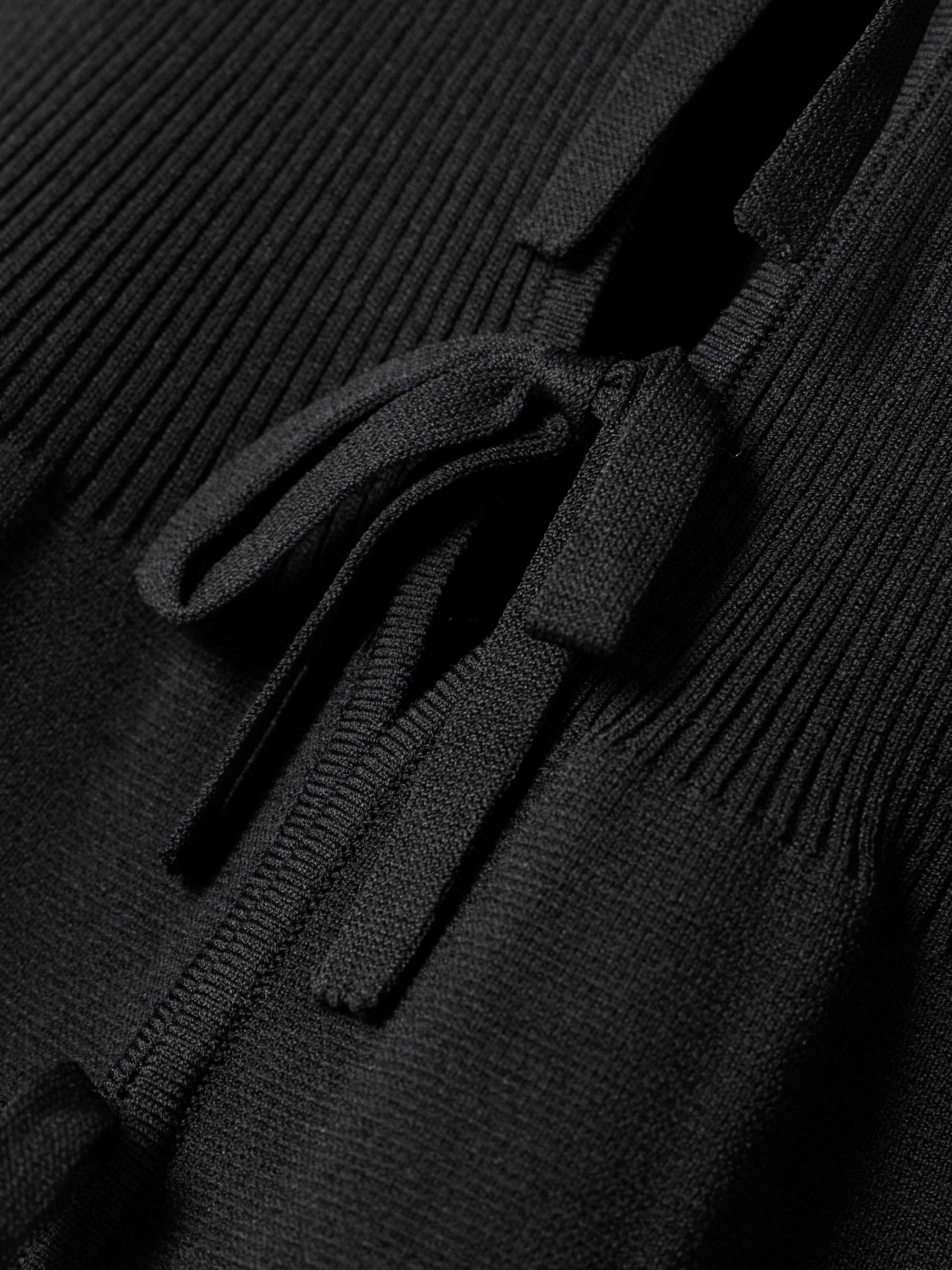 Cropped tie-detailed ruffled ribbed-knit cardigan view