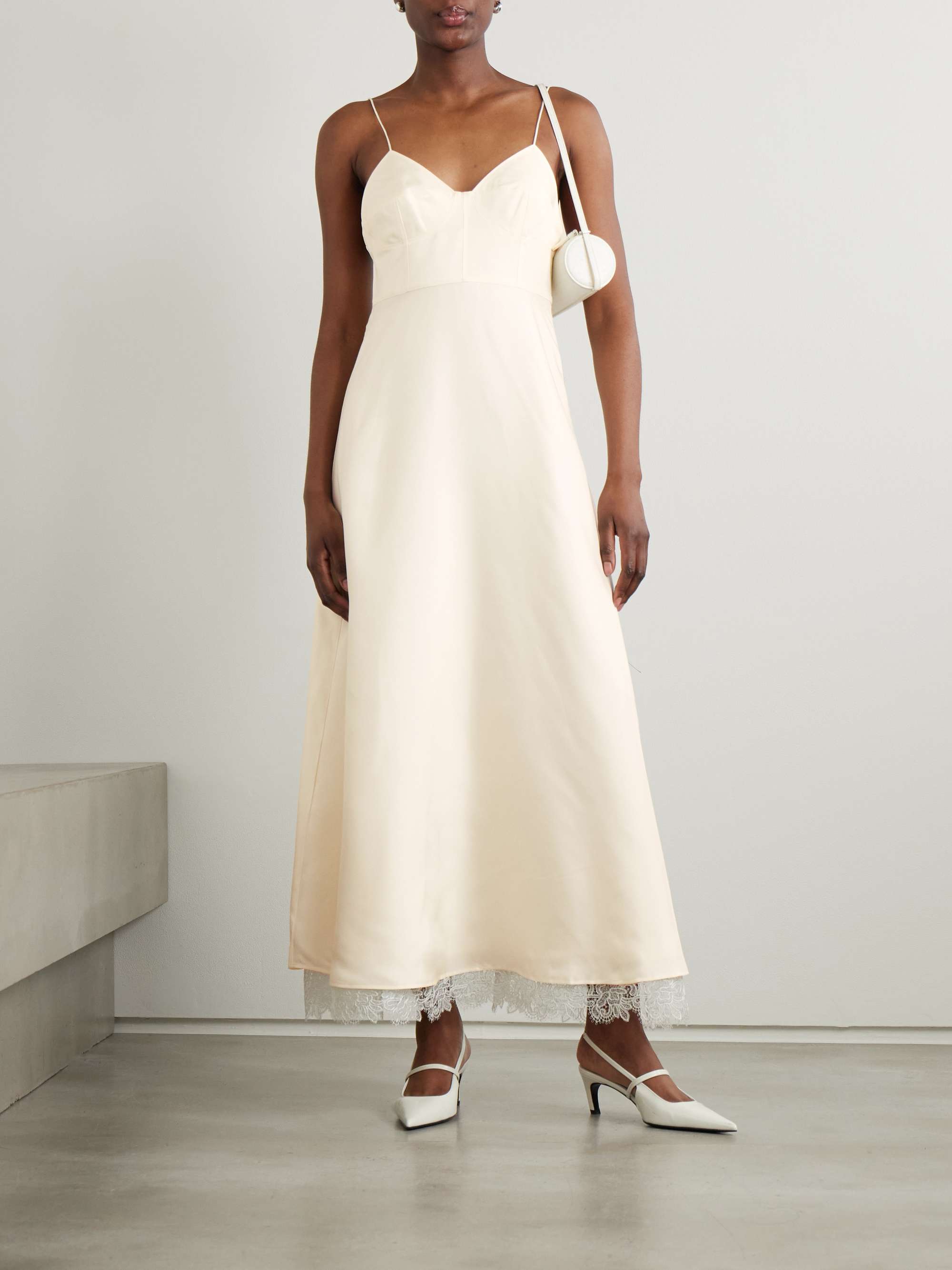 Tie-back lace-trimmed silk maxi dress view