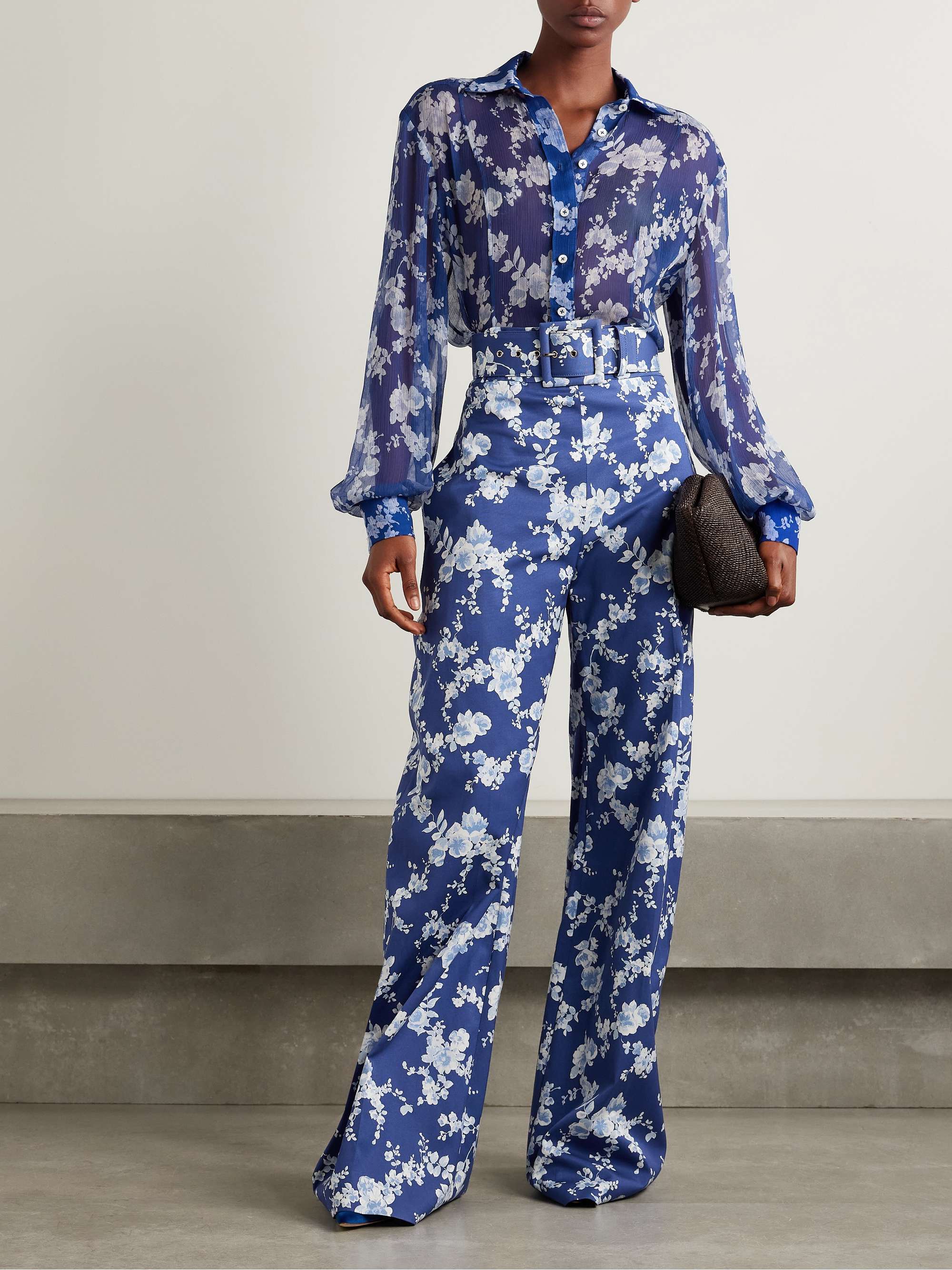 Floral-print twill wide-leg pants view