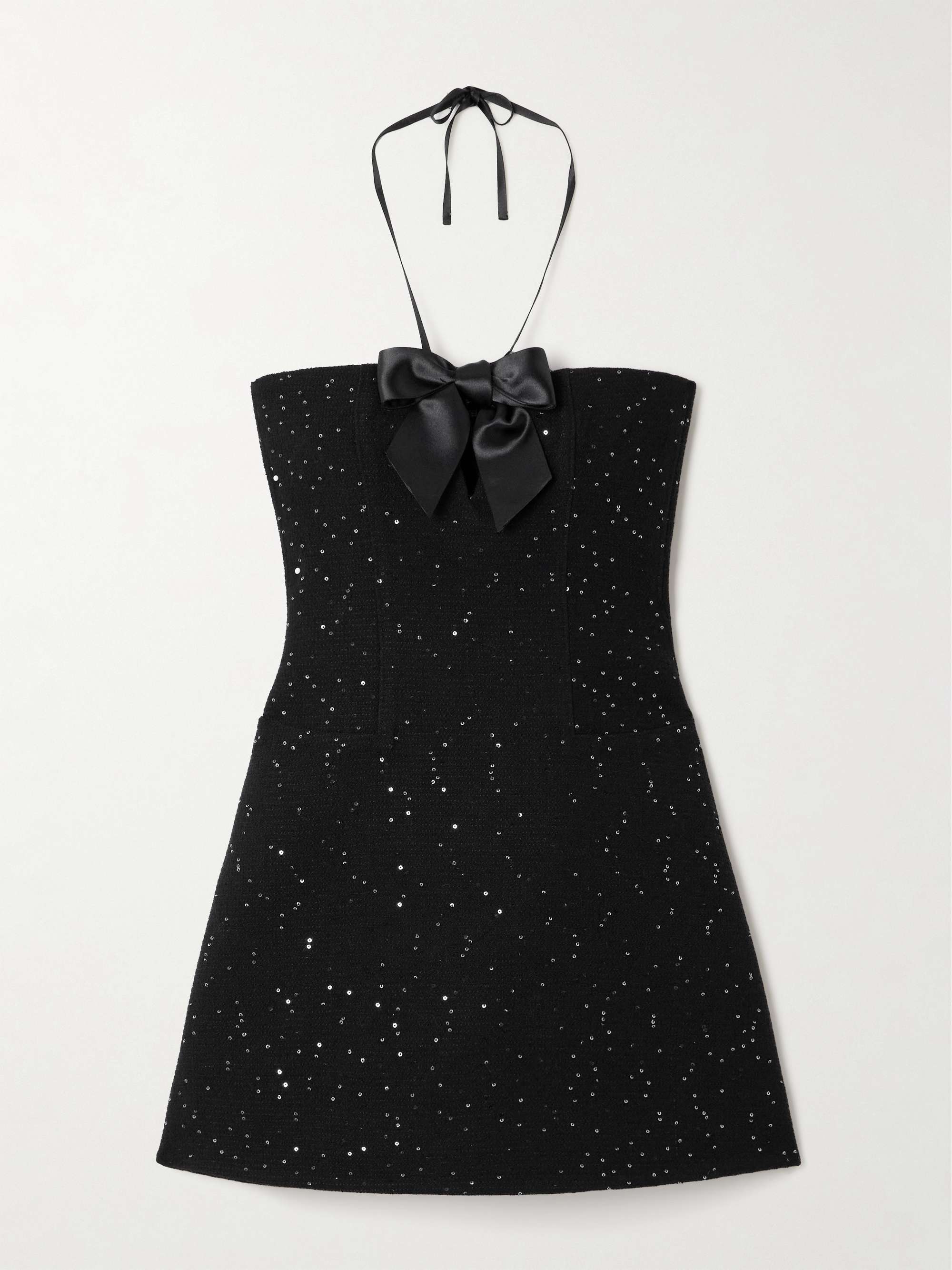 Bow and sequin-embellished wool-blend tweed mini dress view