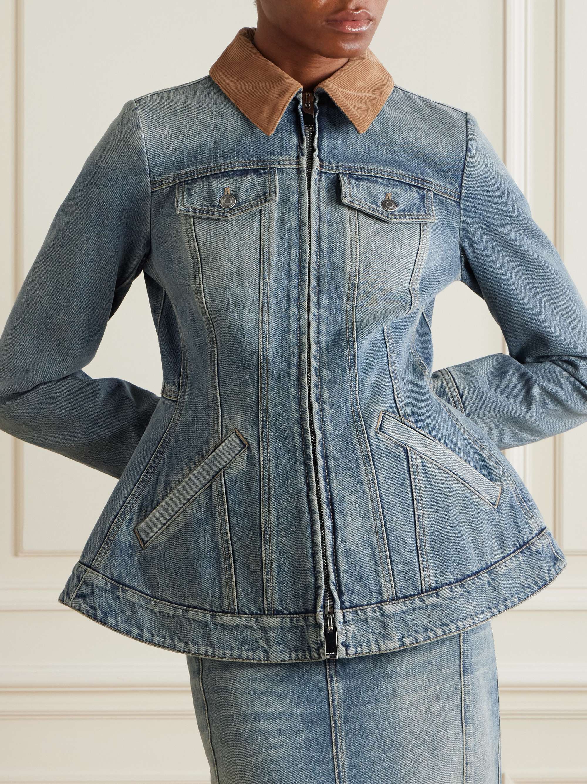 Corduroy-trimmed denim peplum jacket view
