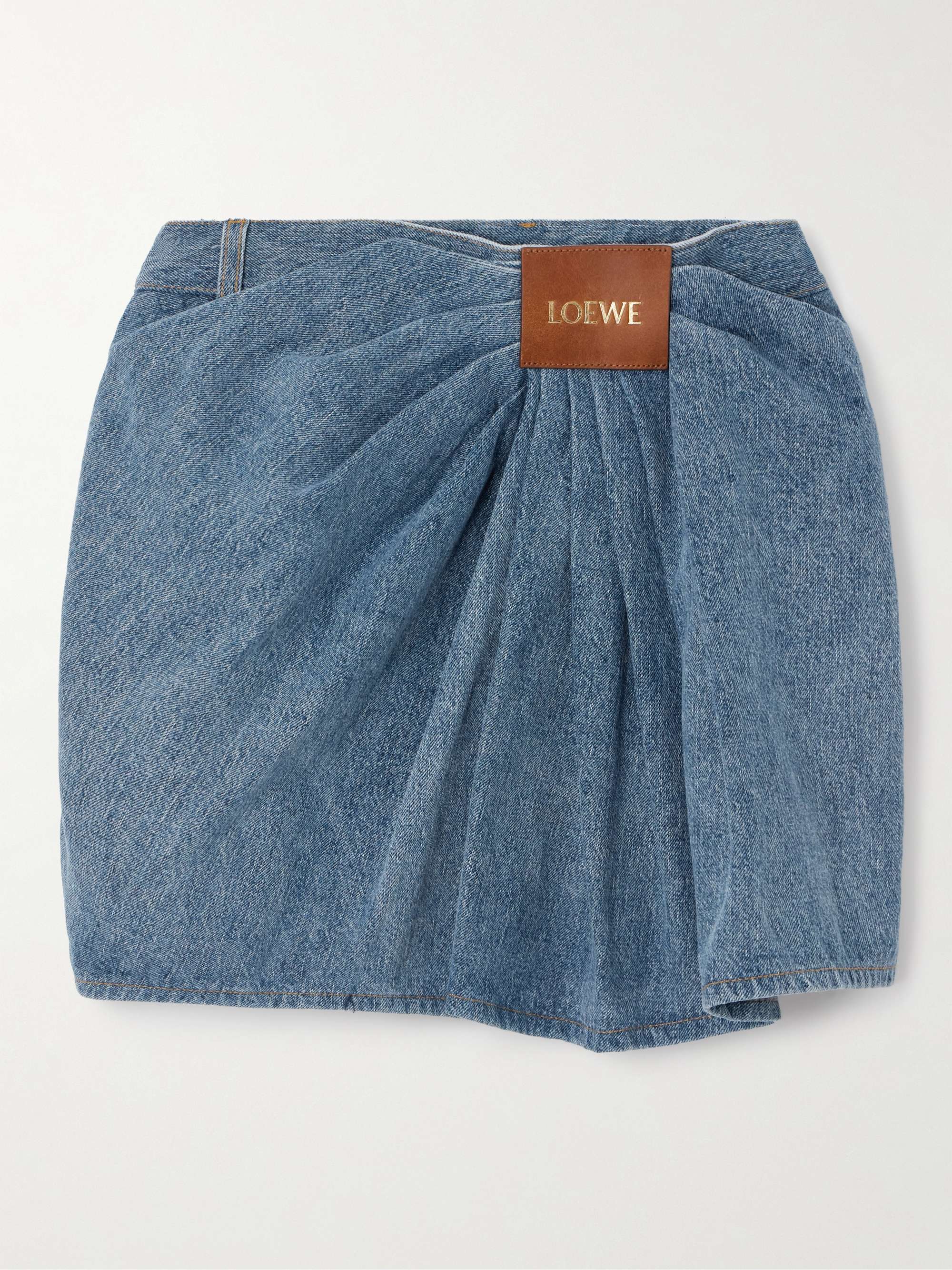 Leather-trimmed draped denim mini skirt view
