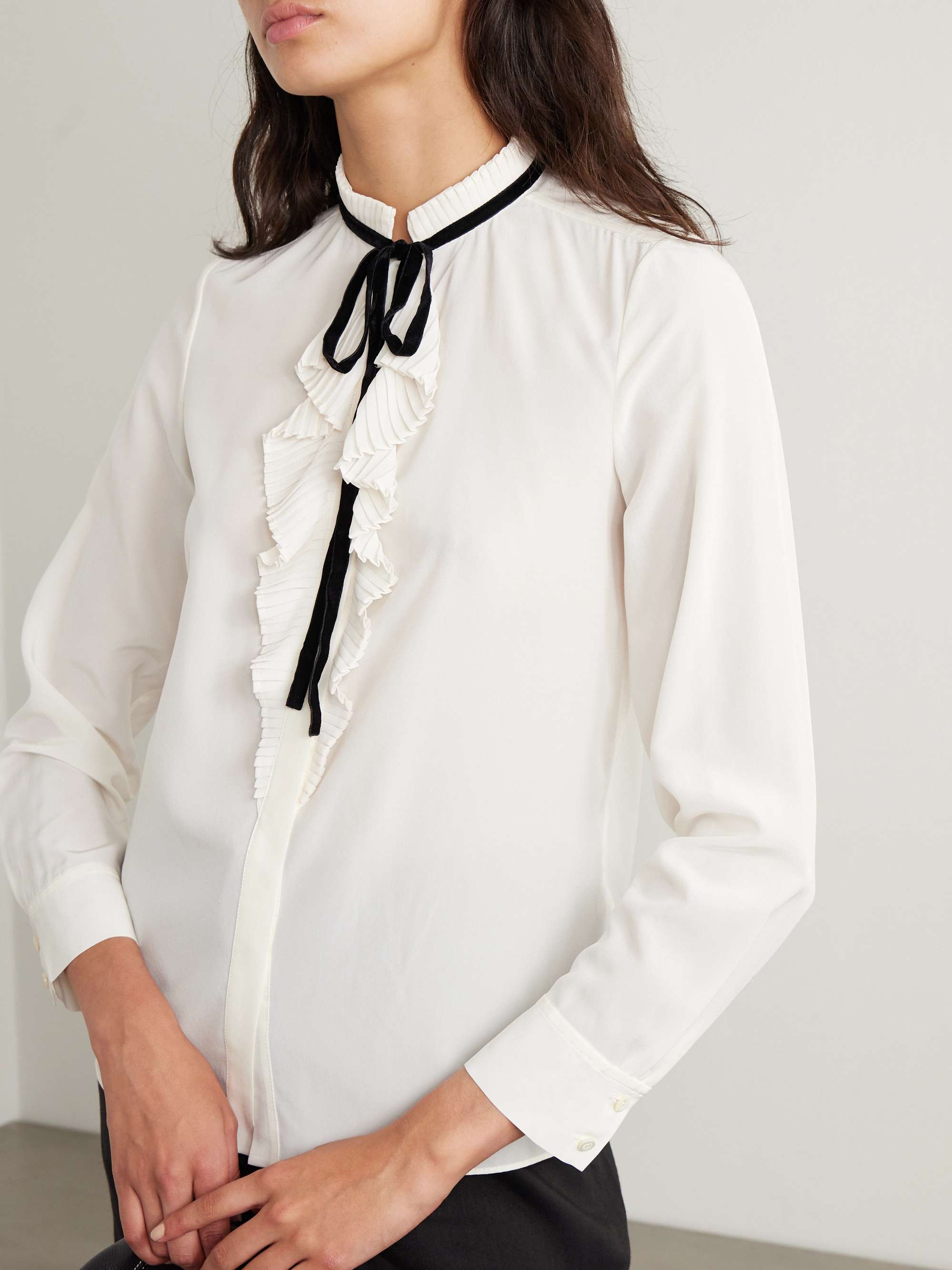 Tie-detailed ruffled silk crepe de chine blouse view