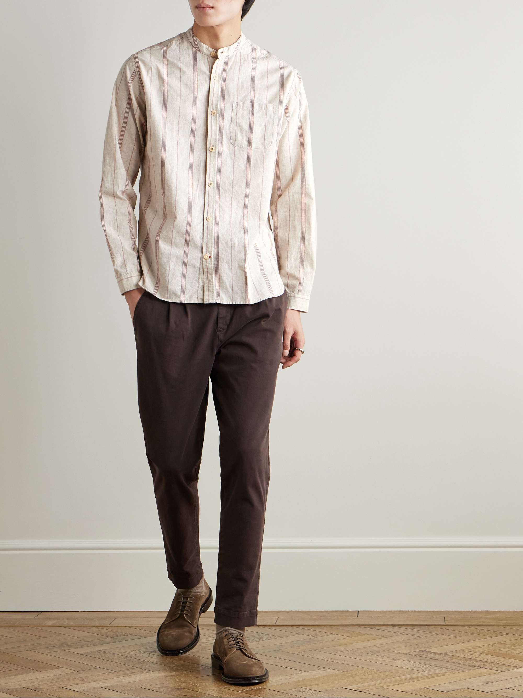 Grandad-Collar Striped Cotton Shirt view