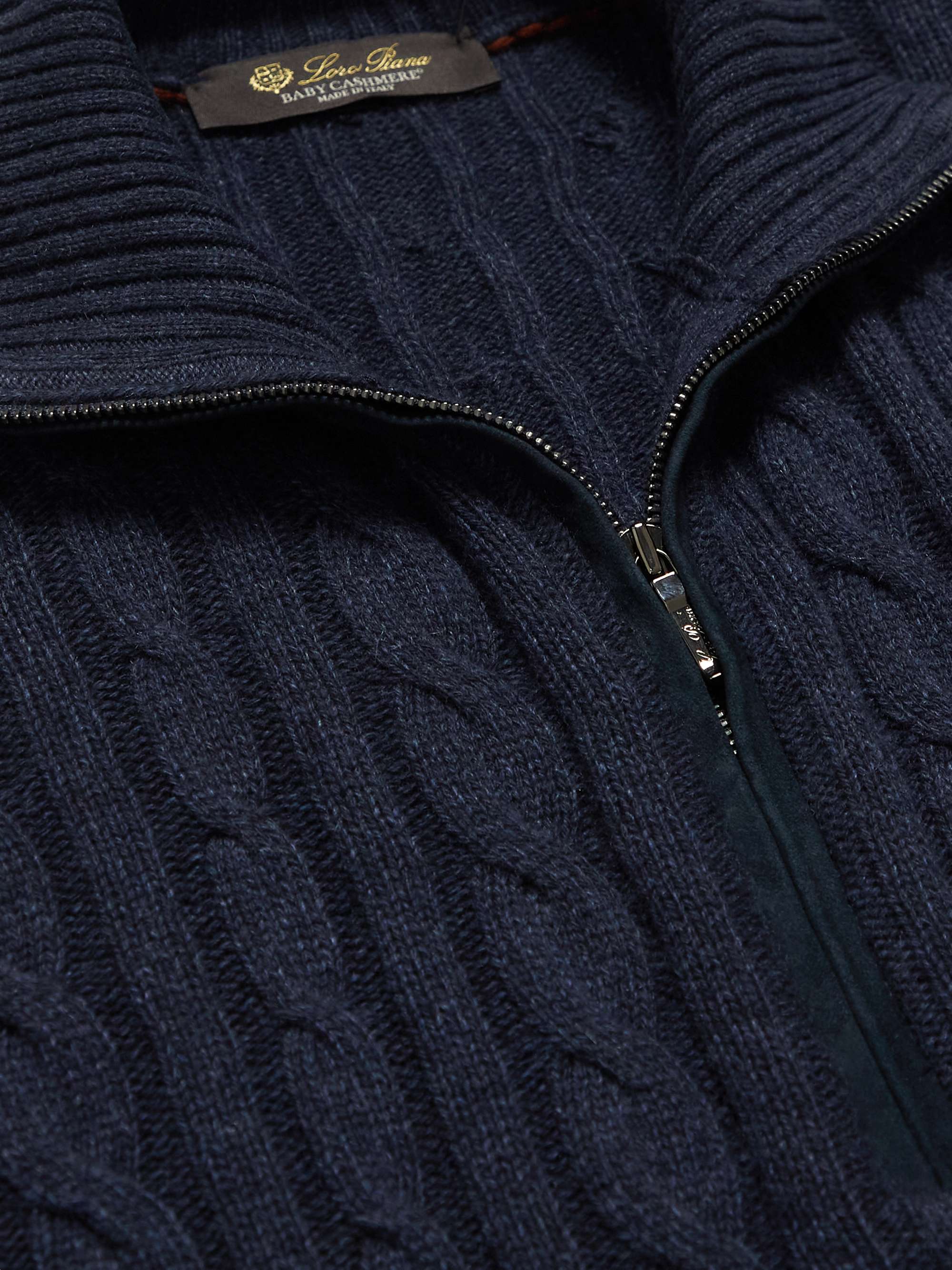 Suede-Trimmed Cable-Knit Baby Cashmere Half-Zip Sweater view