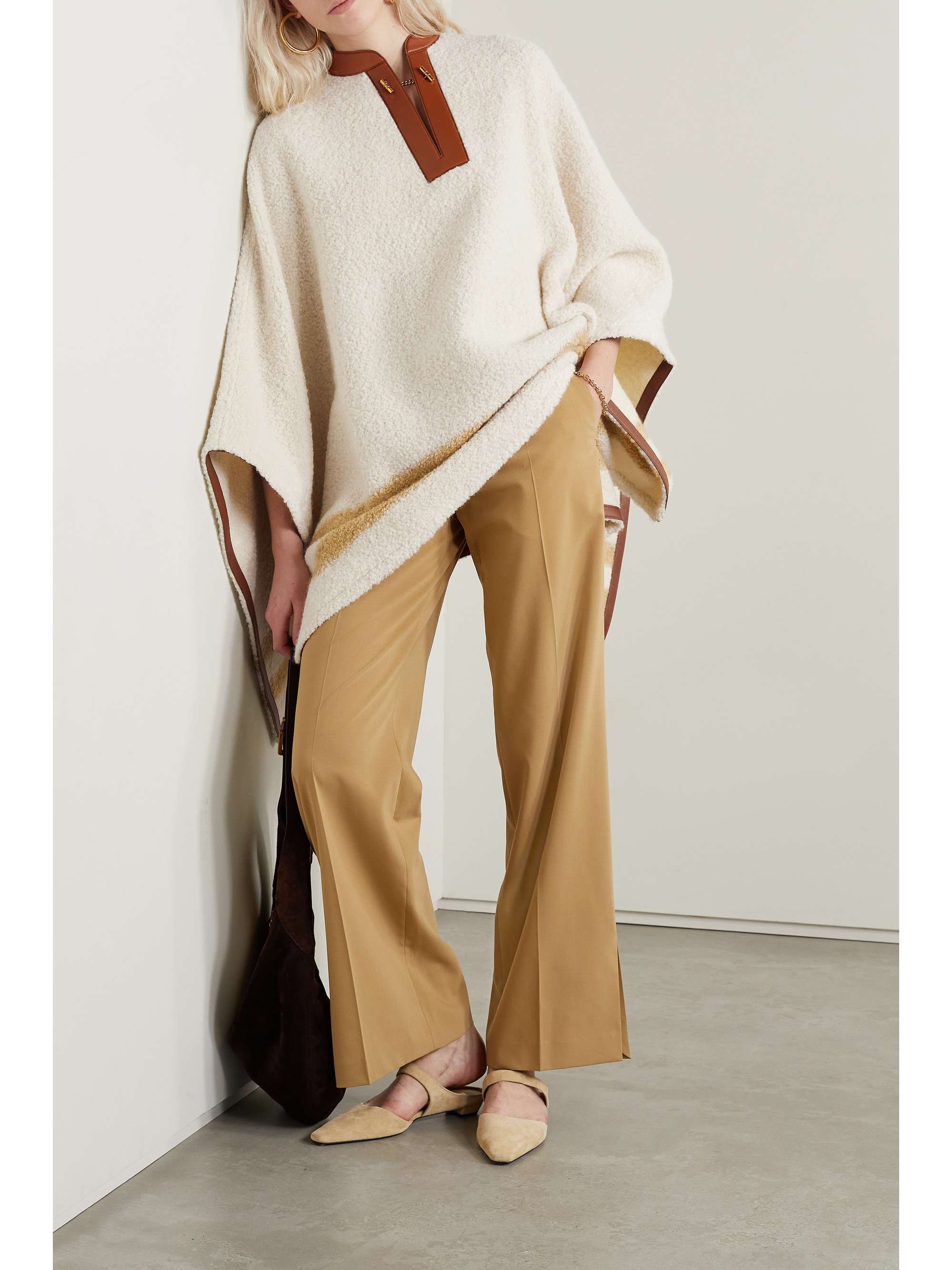 Leather-trimmed striped alpaca-blend bouclé poncho view