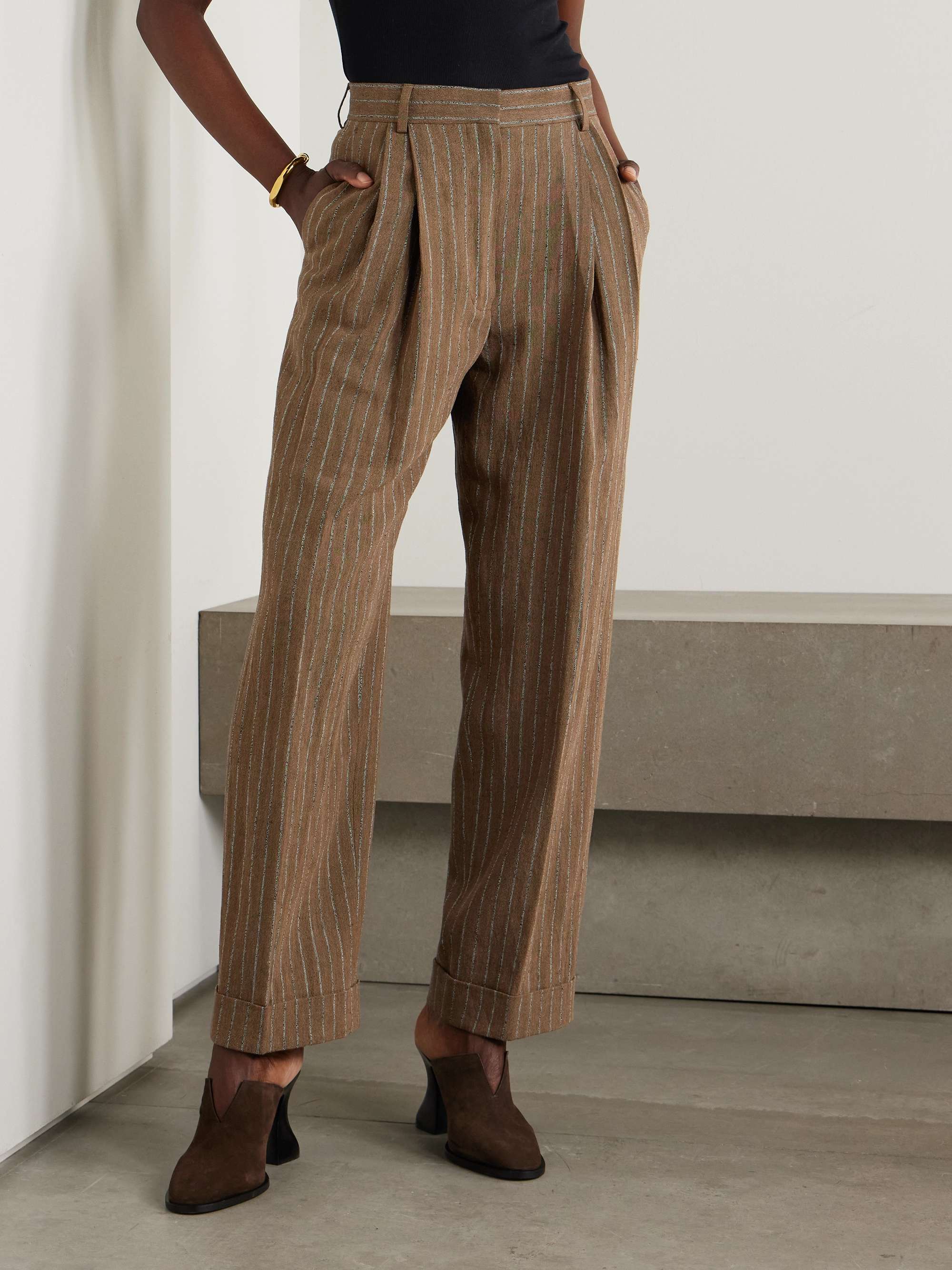Pleated striped linen-blend straight-leg pants view