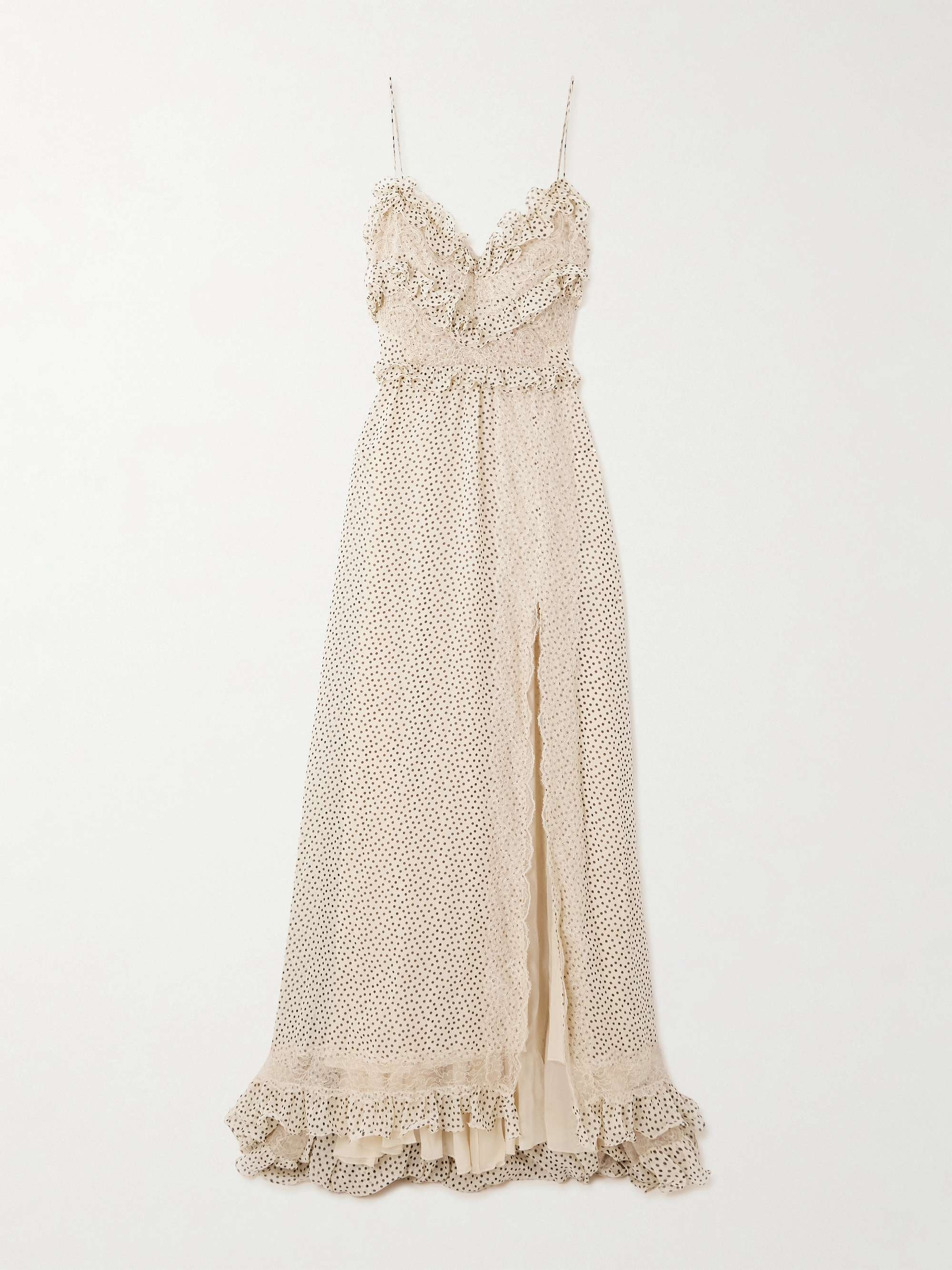 Lace-trimmed ruffled polka-dot silk-georgette gown view