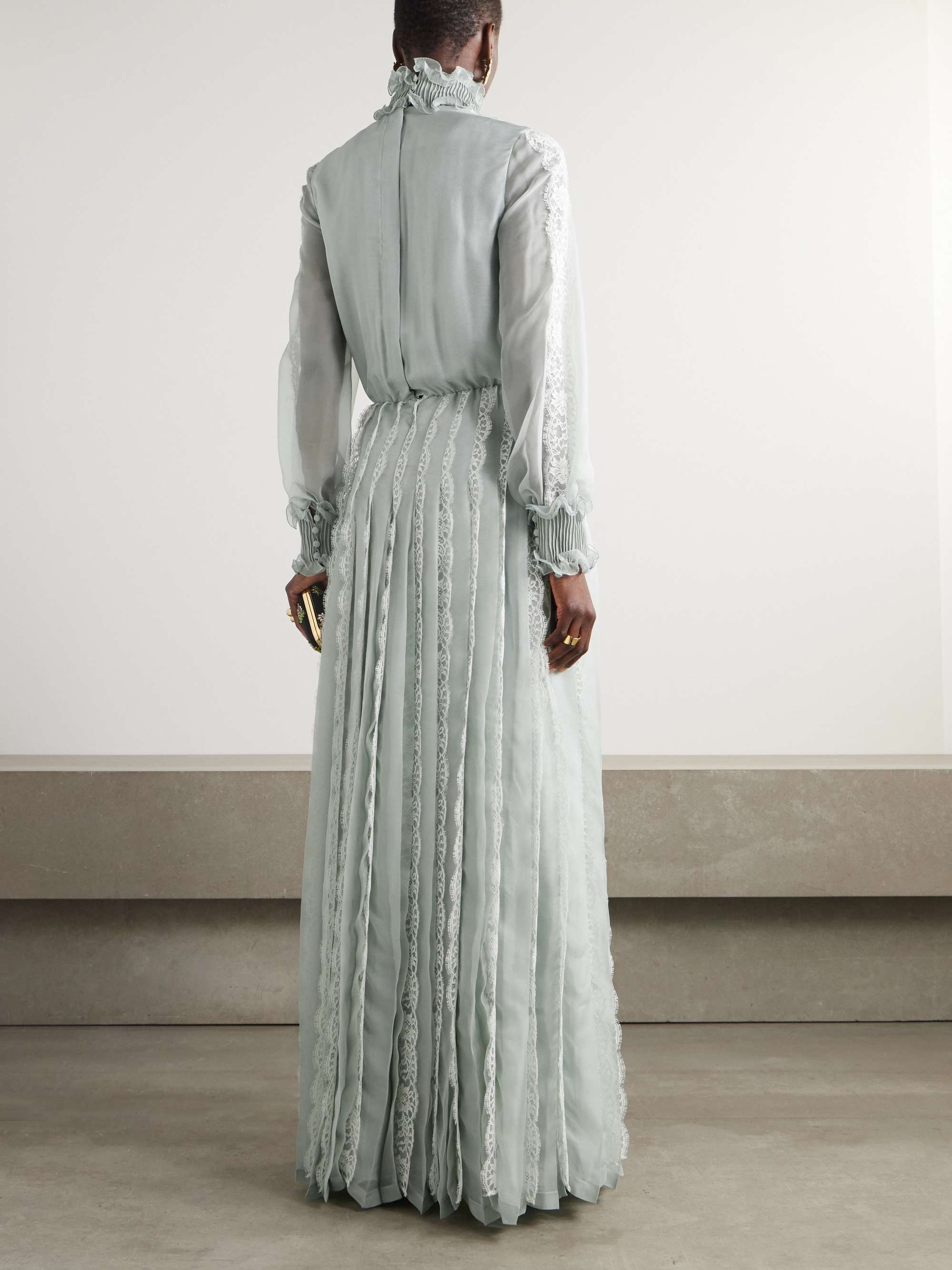 Ruffled lace-trimmed pleated silk-chiffon gown view