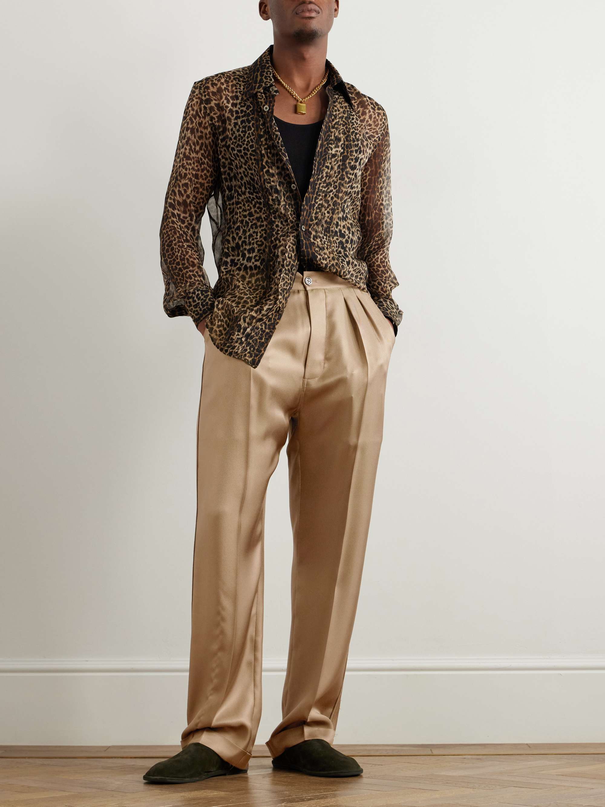 Straight-Leg Pleated Silk-Twill Trousers view