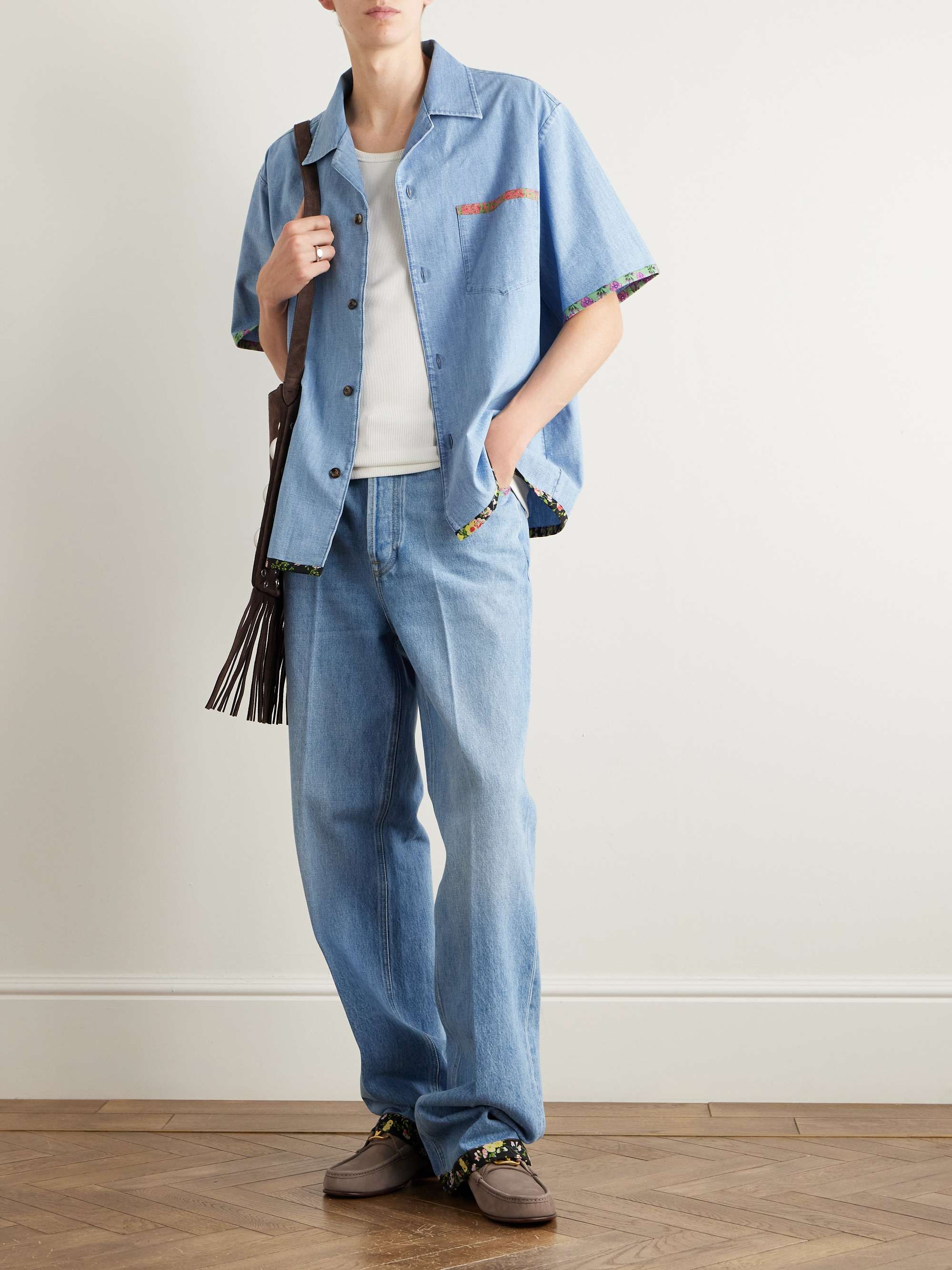 Camp-Collar Floral-Trimmed Denim Shirt view