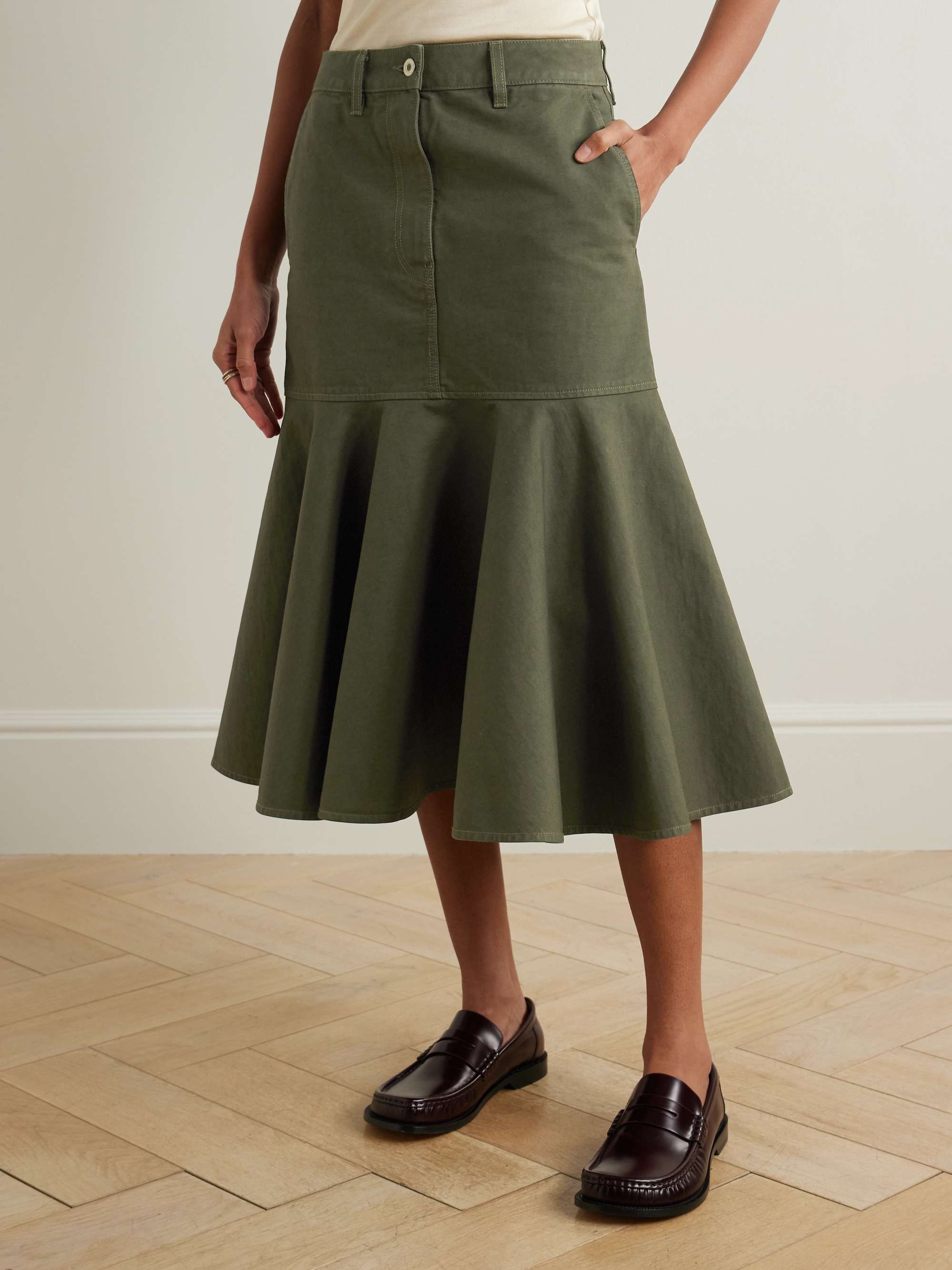 Ruffled leather-trimmed cotton-twill midi skirt view