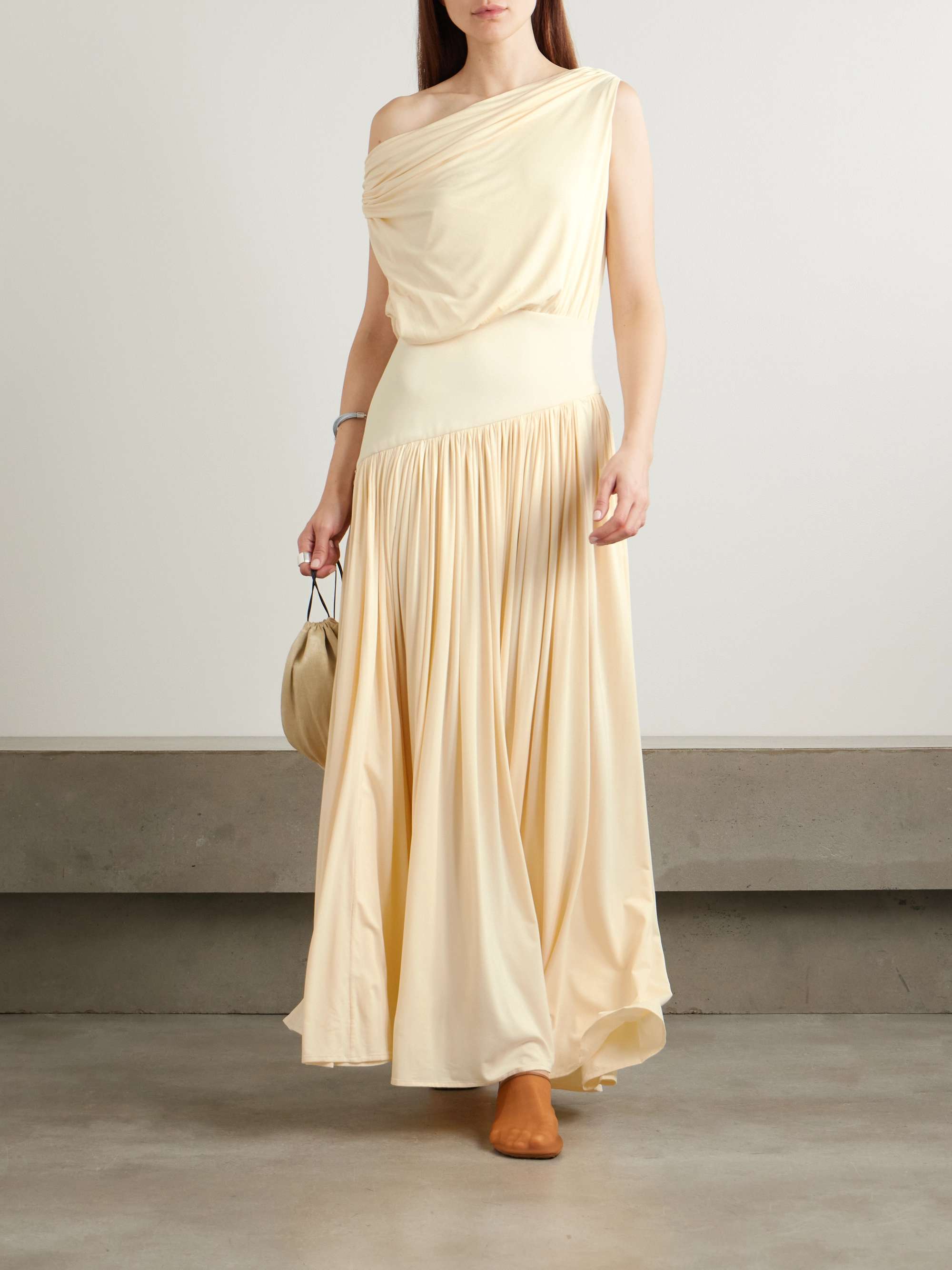 One-shoulder asymmetric draped jersey-trimmed stretch-bamboo maxi dress view