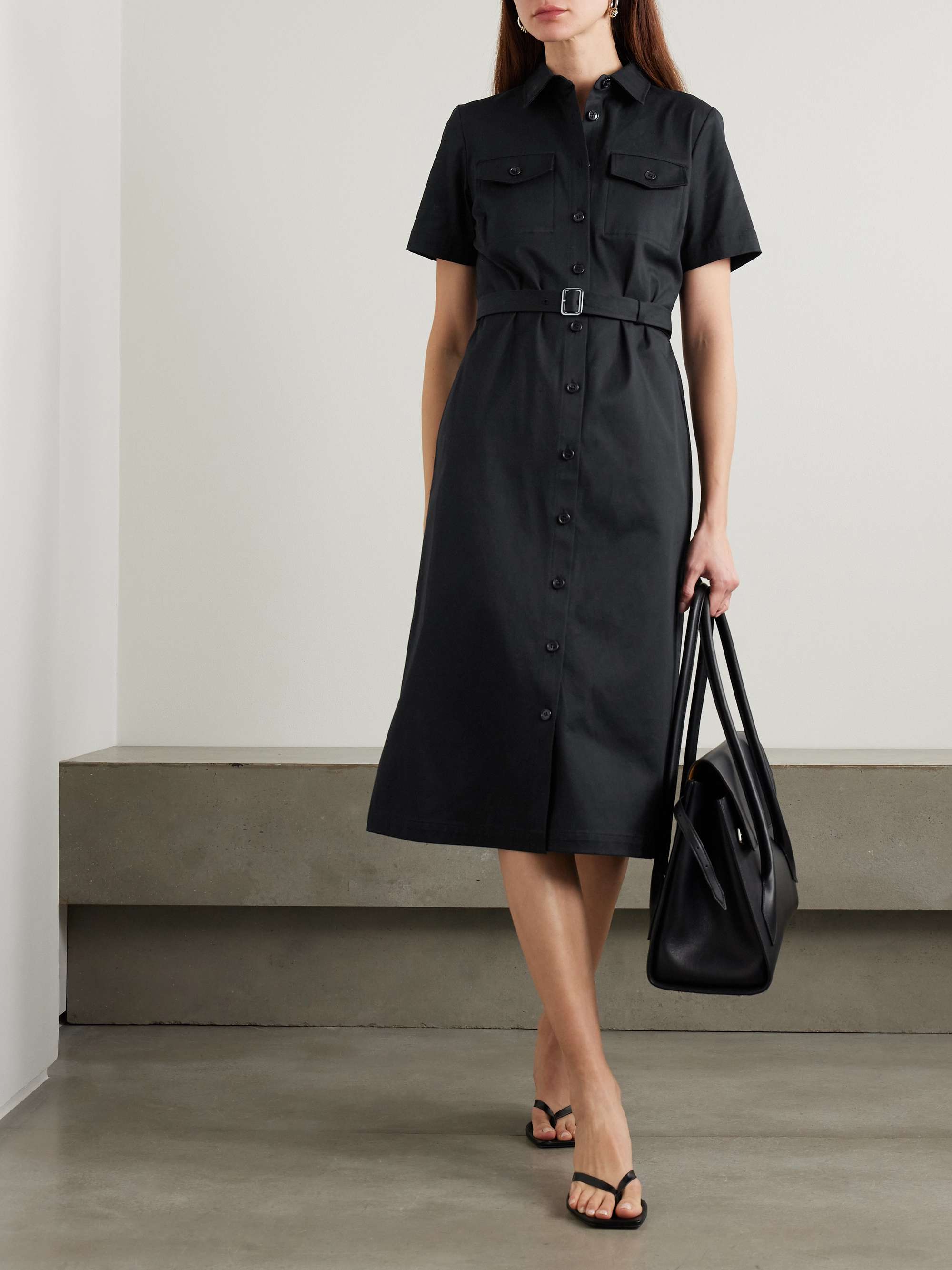 Belted cotton-blend twill midi shirt dress view