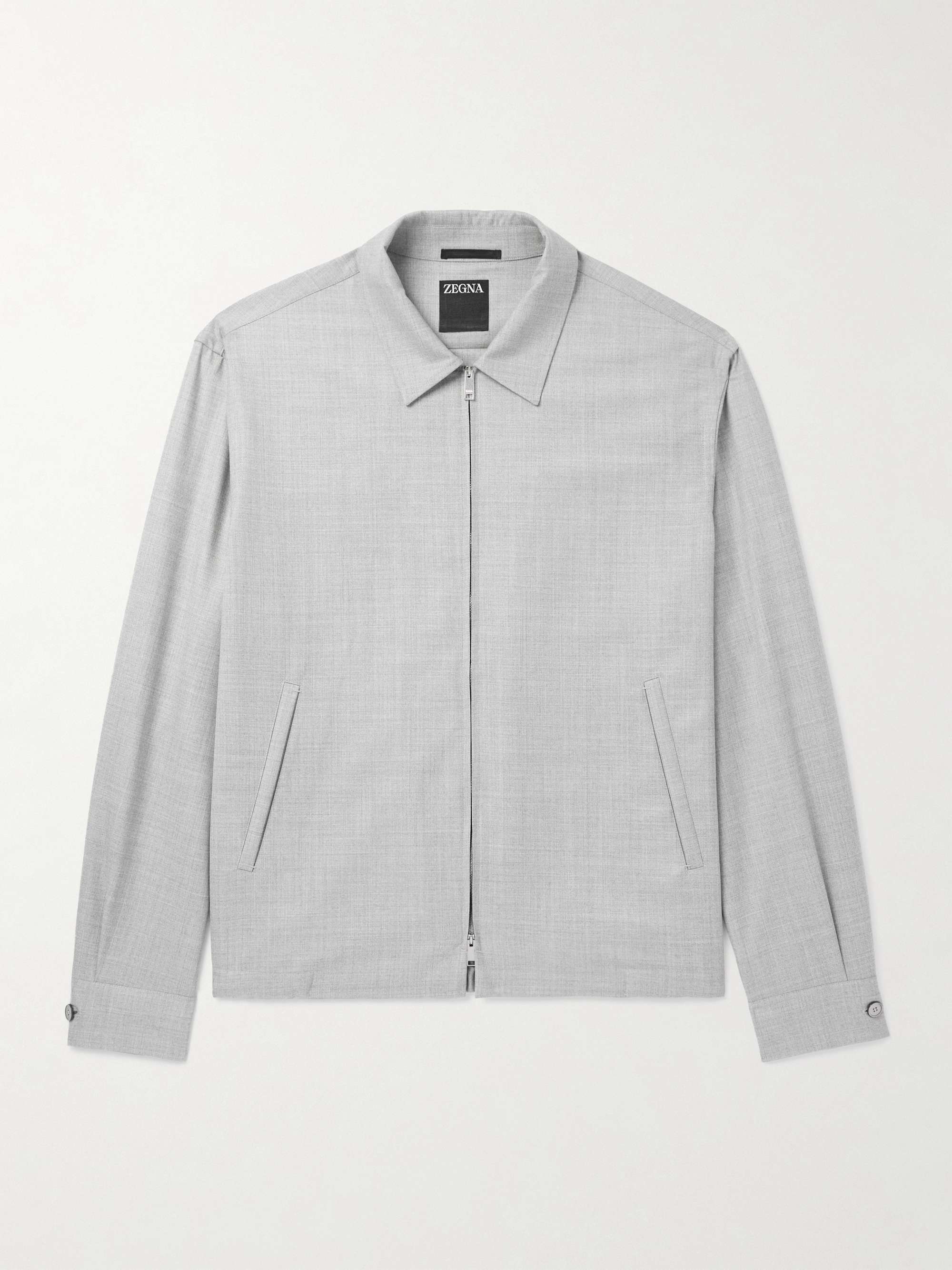 Logo-Appliquéd Leather-Trimmed Wool-Gabardine Harrington Jacket view