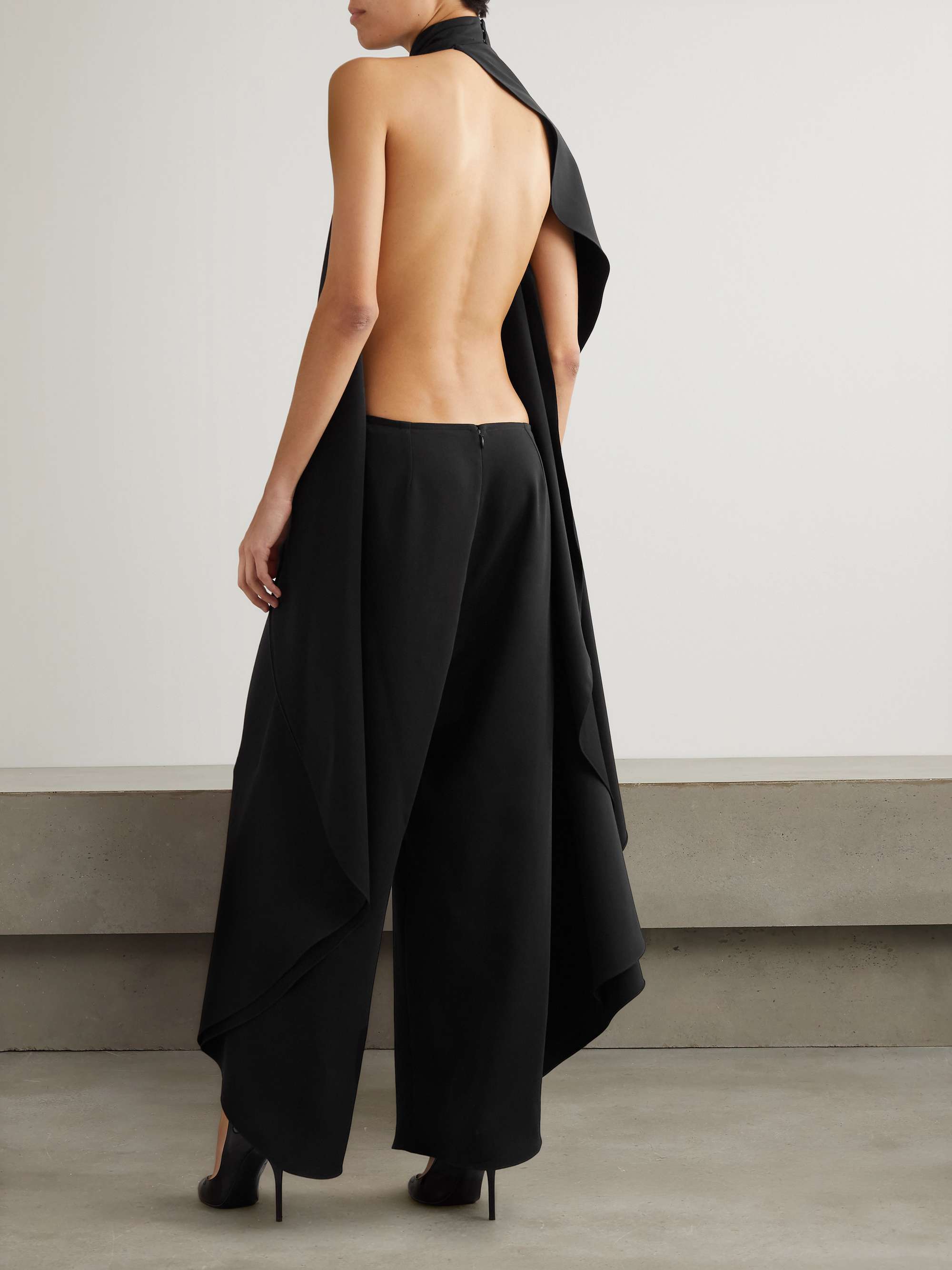 Open-back asymmetric grain de poudre wool-blend jumpsuit view