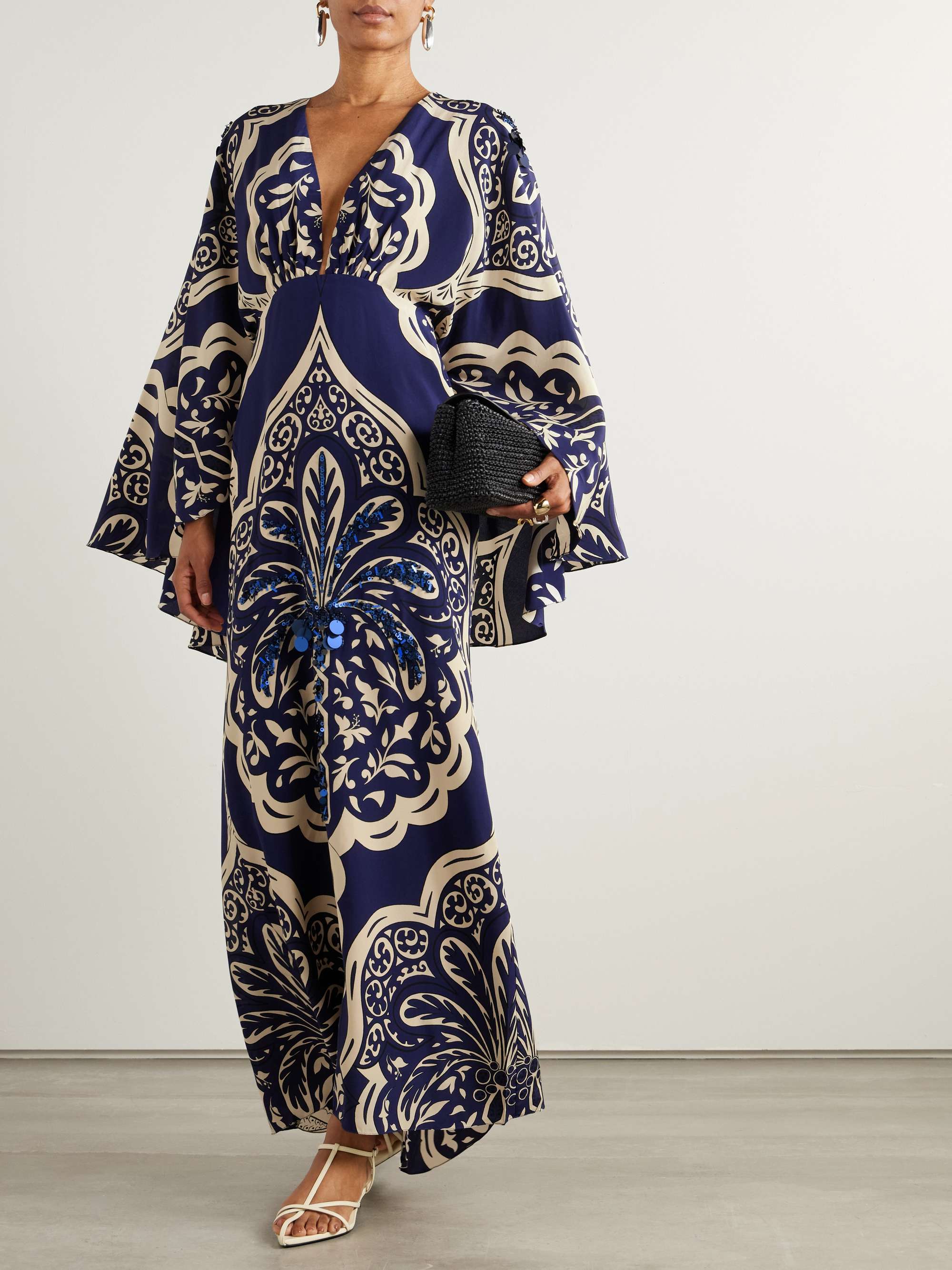 Cape-effect embellished printed silk-crepe maxi dress view