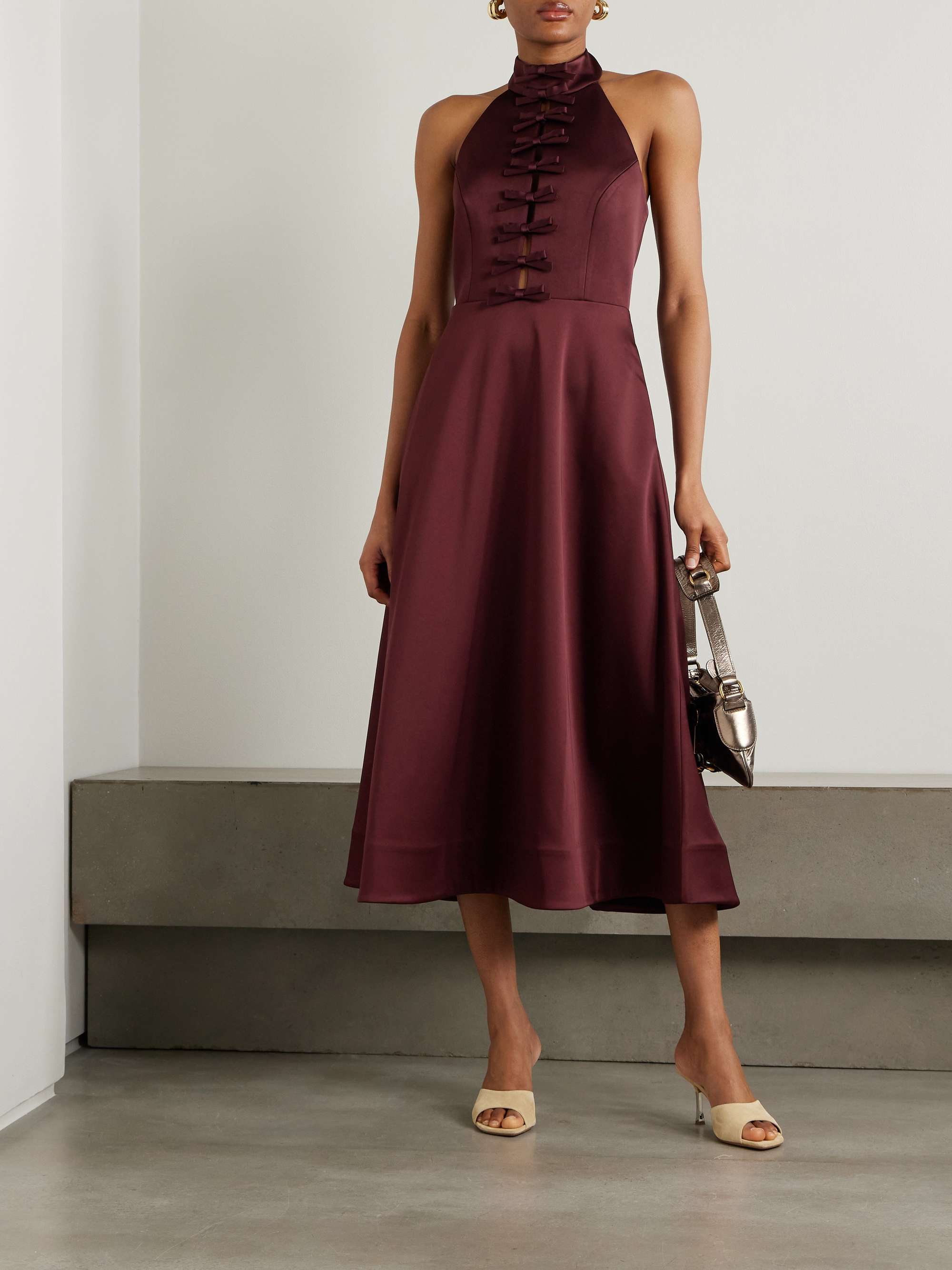 Cutout bow-detailed duchesse-satin halterneck midi dress view