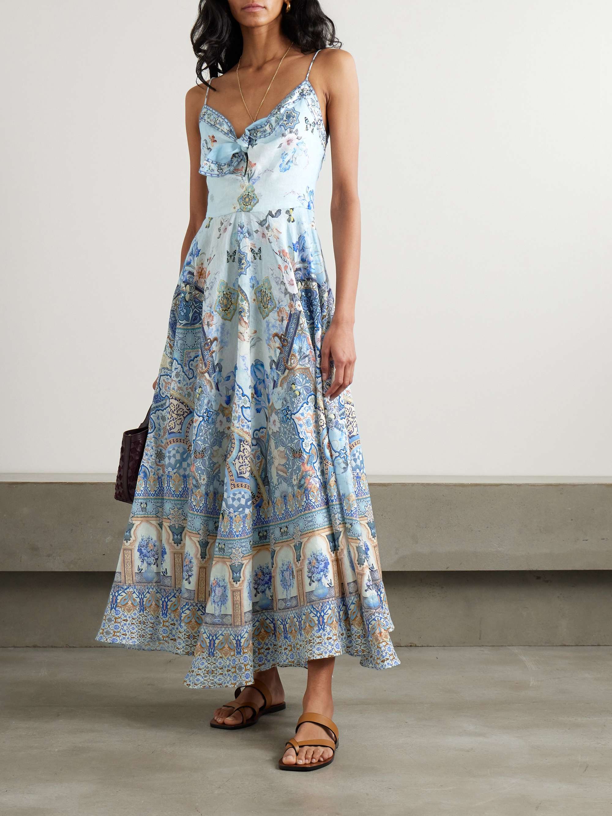 Tie-front crystal-embellished printed linen midi dress view