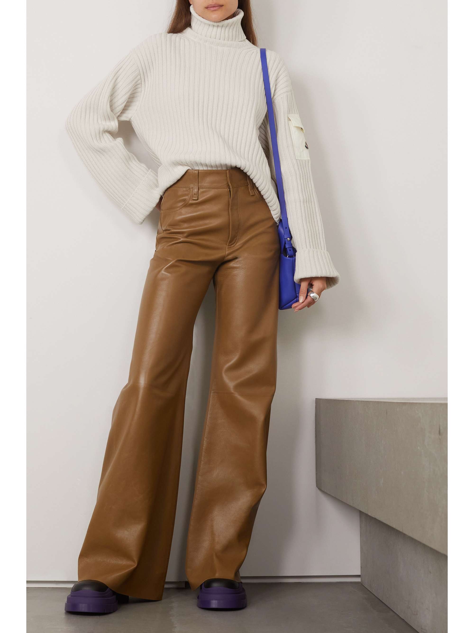 Shell-trimmed ribbed wool turtleneck sweater view