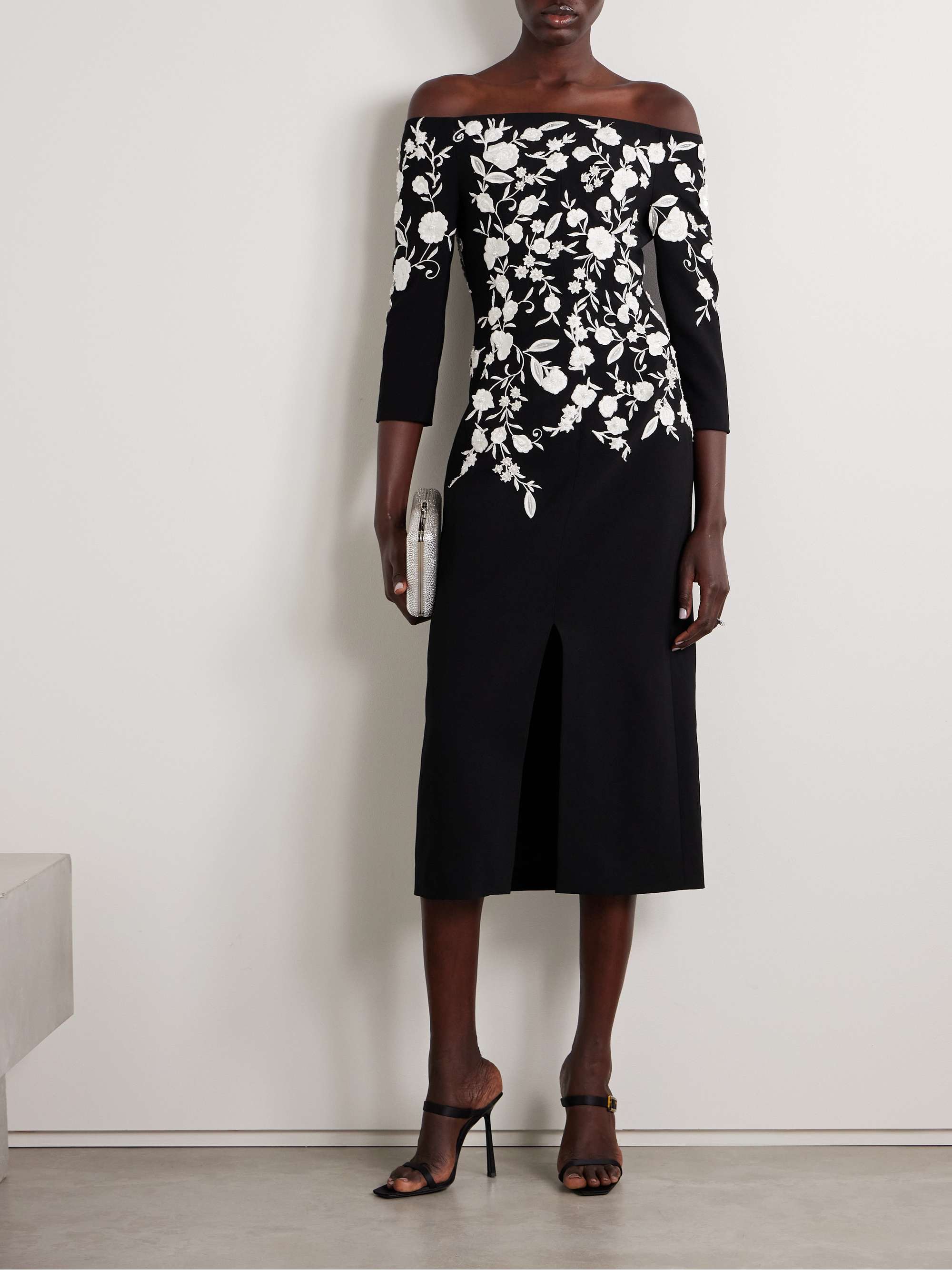 Off-the-shoulder embroidered embellished crepe gown view