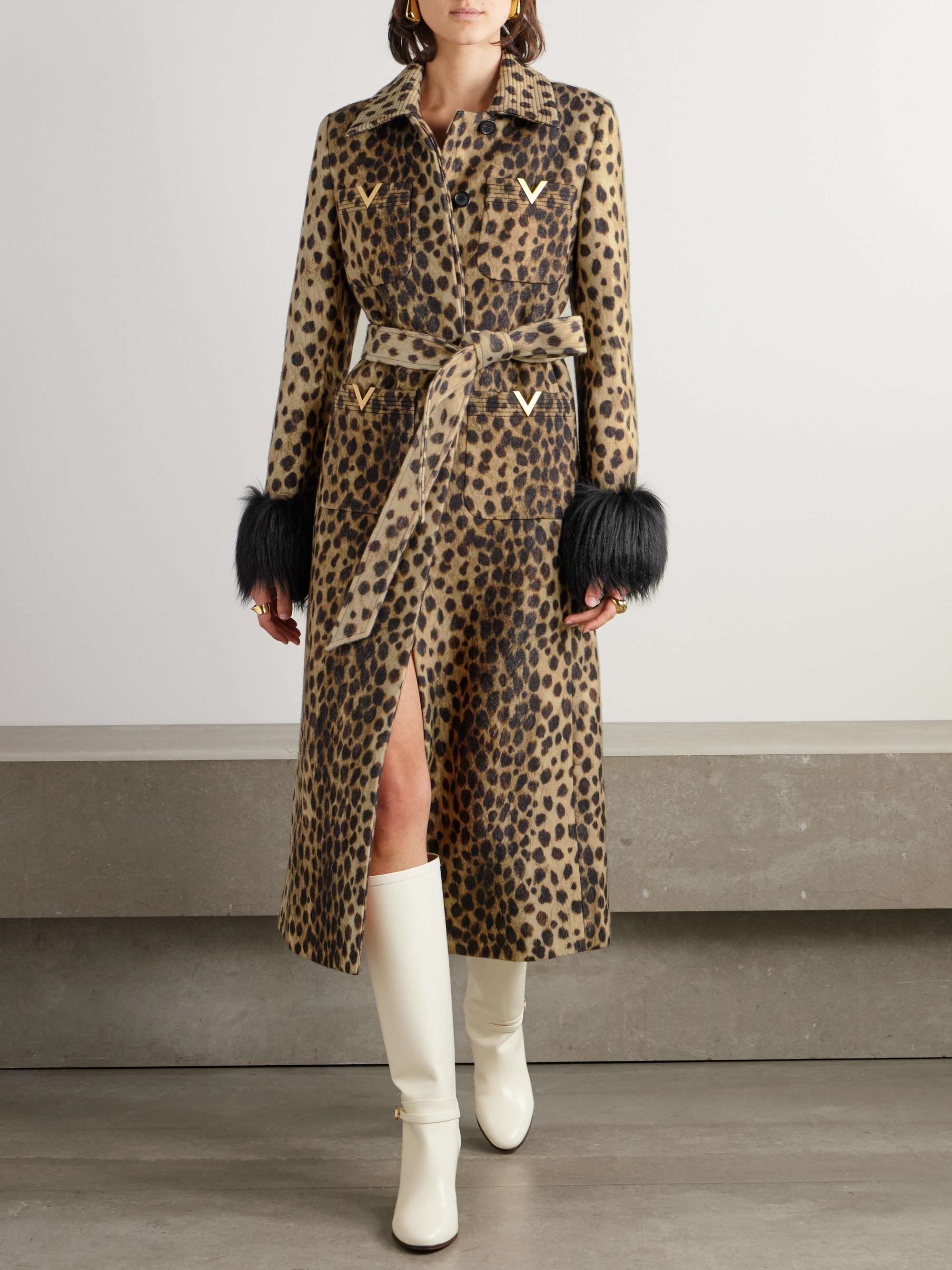 Belted faux fur-trimmed embellished cheetah-print wool coat view