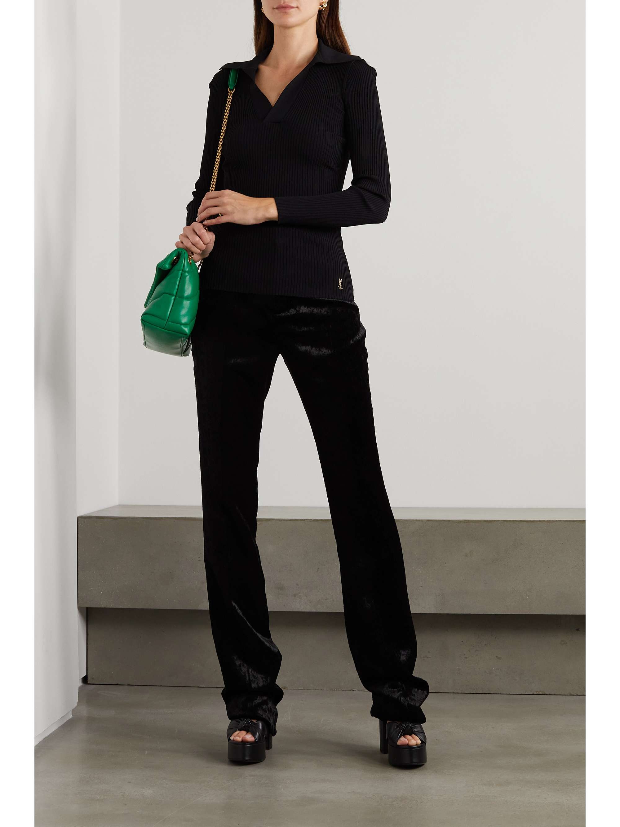 Embellished ribbed-knit polo sweater view
