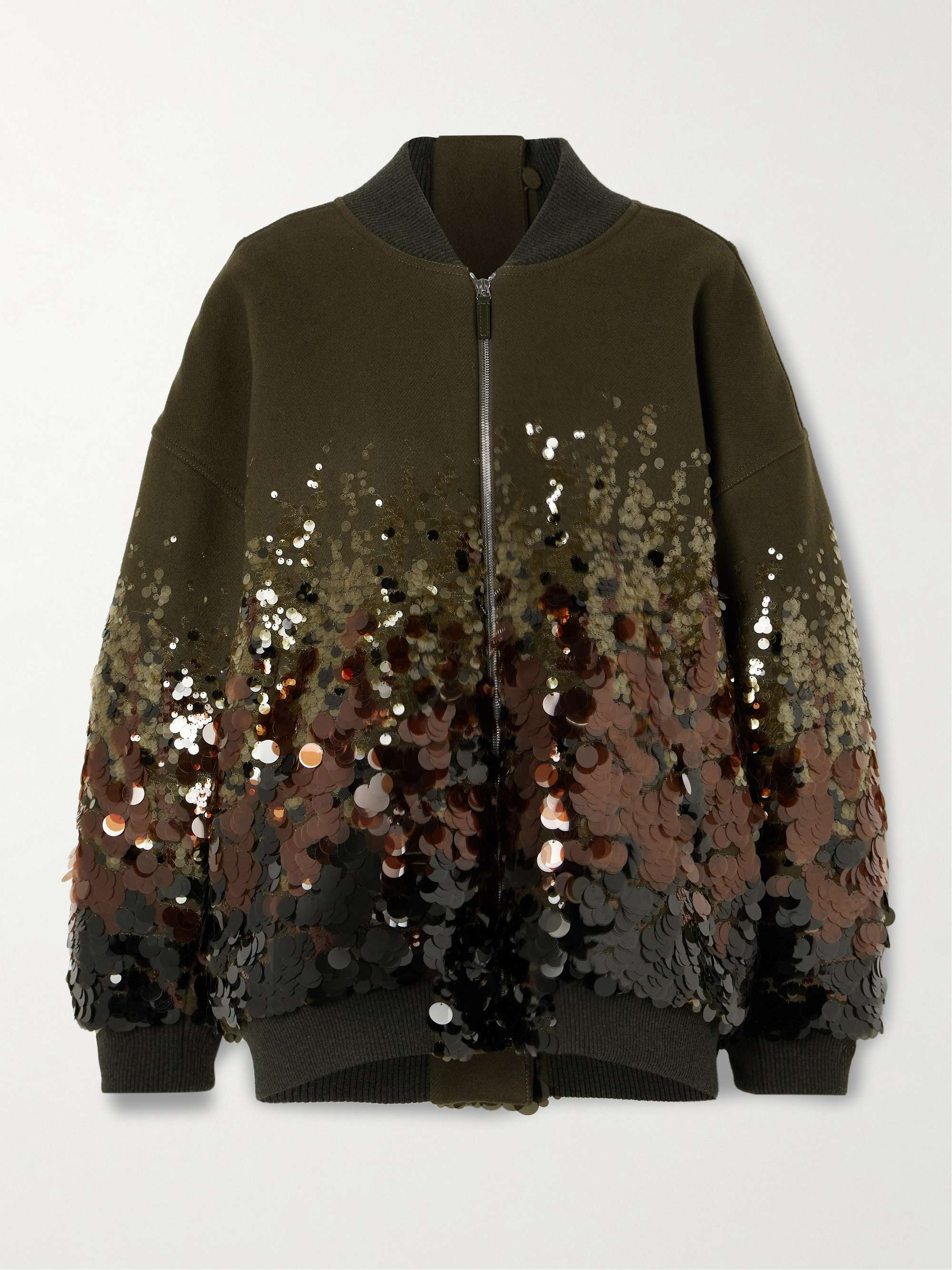 Oversized belted leather-trimmed paillette-embellished wool bomber jacket view