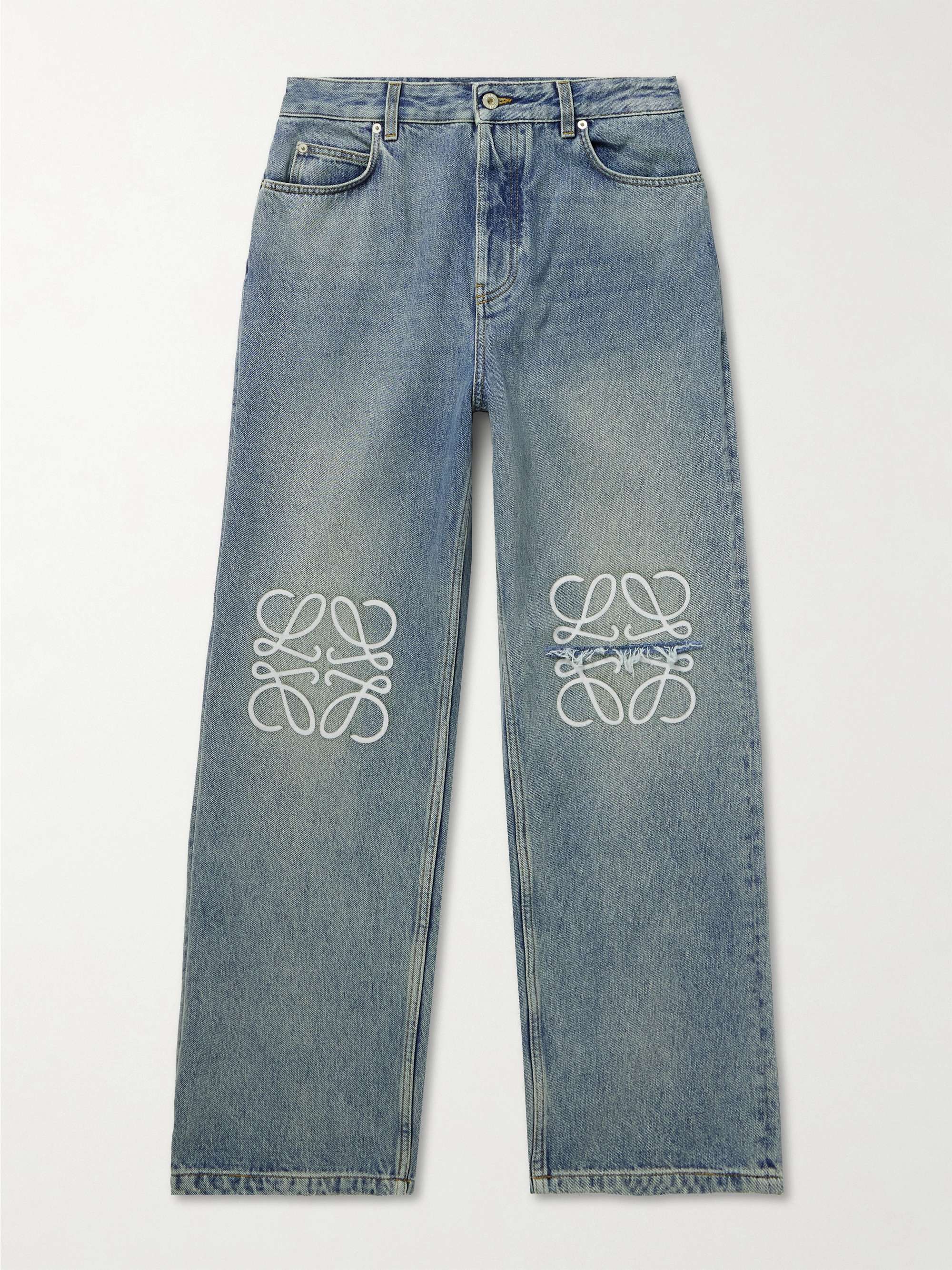 Straight-Leg Logo-Embroidered Distressed Jeans view