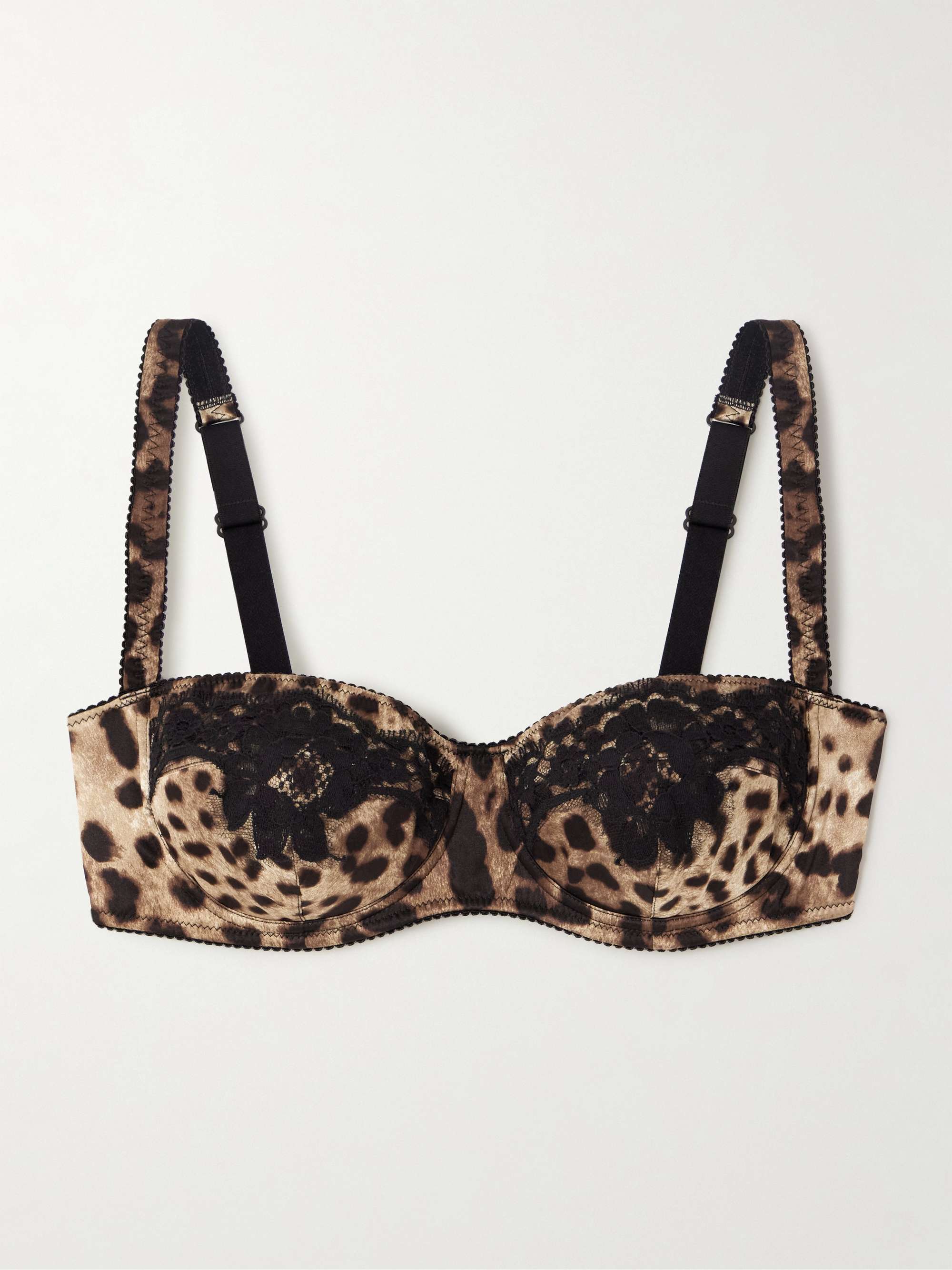 Lace-trimmed leopard-print silk-blend satin balconette bra view