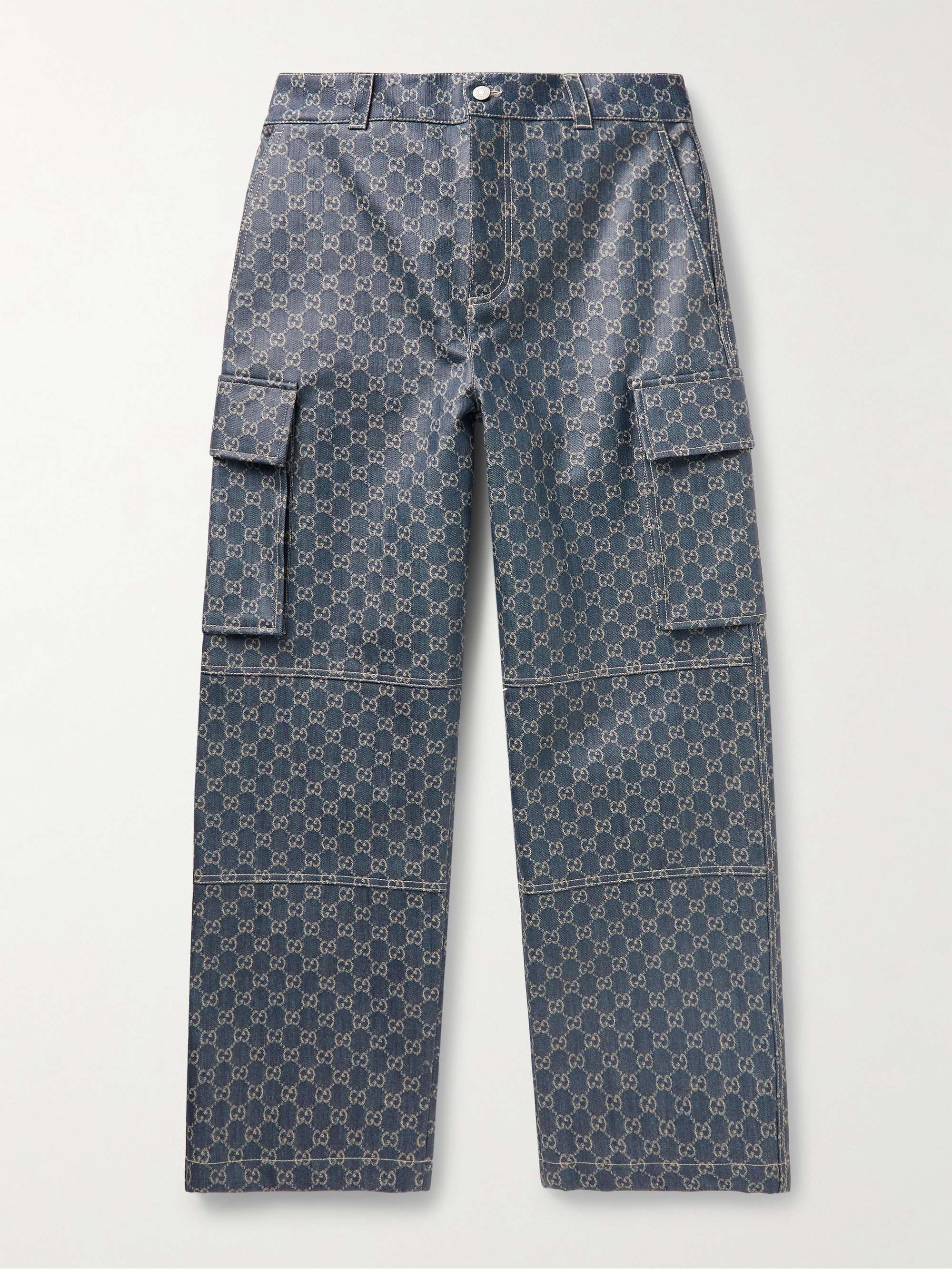 Straight-Leg Logo-Jacquard Coated Cargo Jeans view
