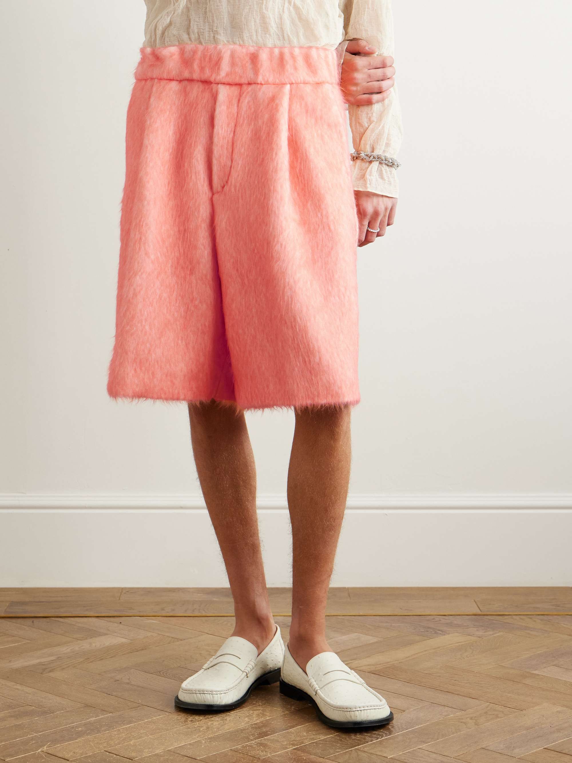 Wide-Leg Pleated Brushed Alpaca and Wool-Blend Shorts view