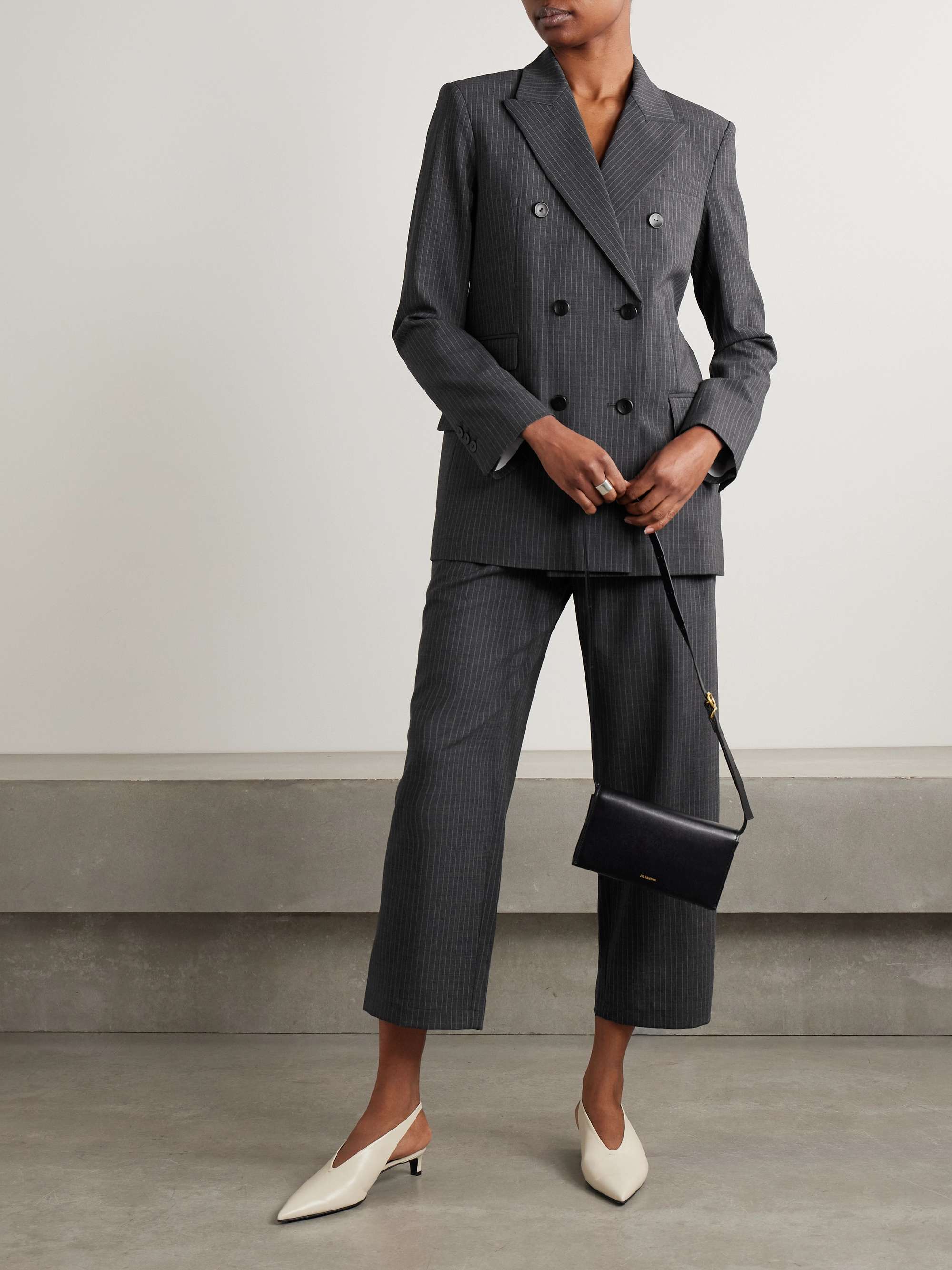 Double-breasted draped pinstriped wool-blend blazer view