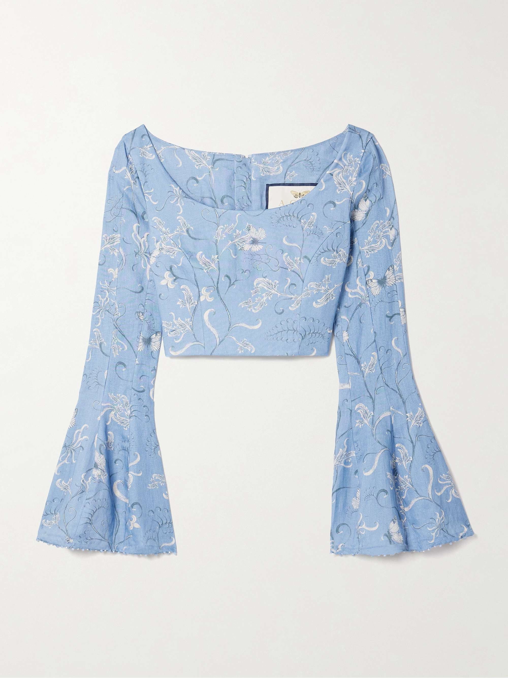 Limoncillo Lymanopoda cropped bead-embellished printed linen top view
