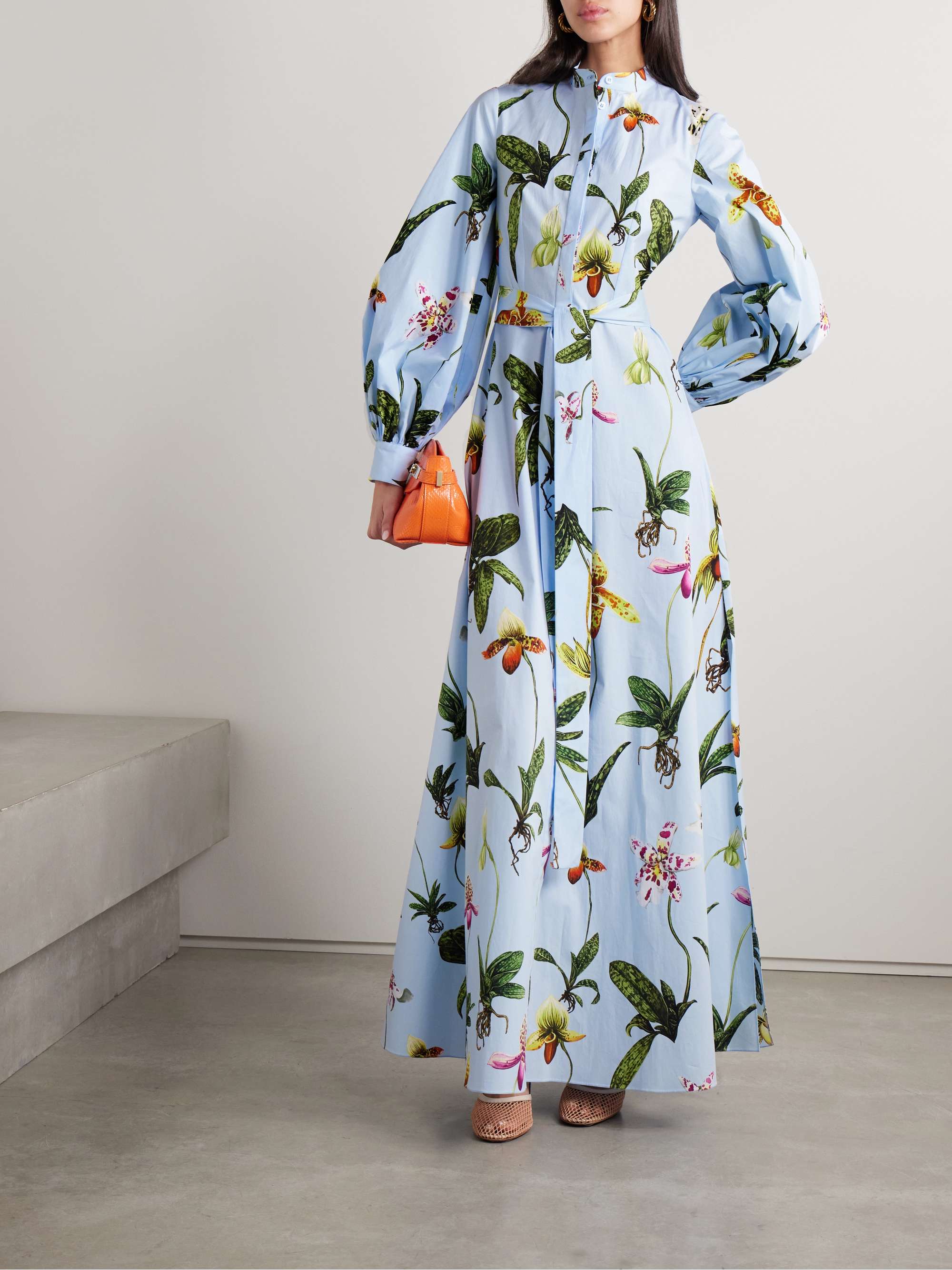 Belted floral-print cotton-blend poplin maxi shirt dress view