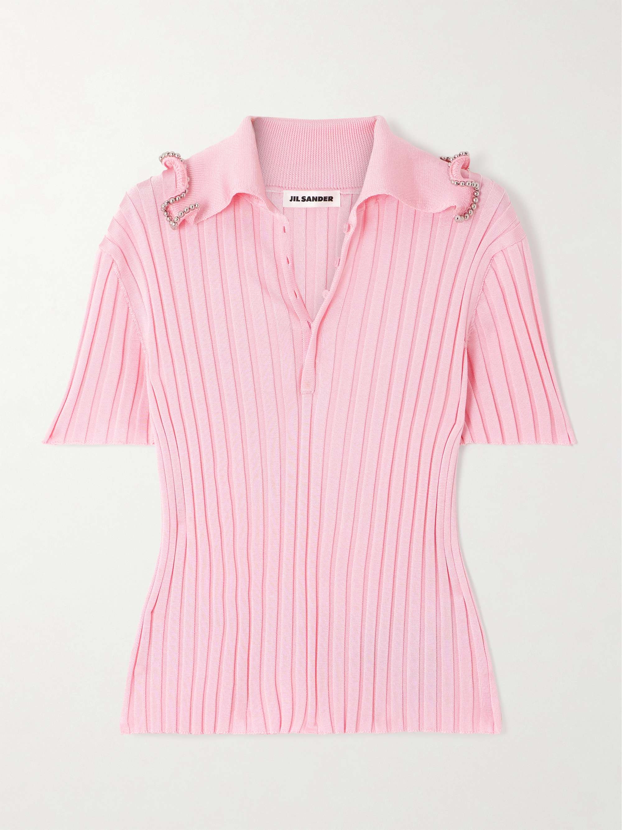 Bead-embellished ribbed-knit polo shirt view