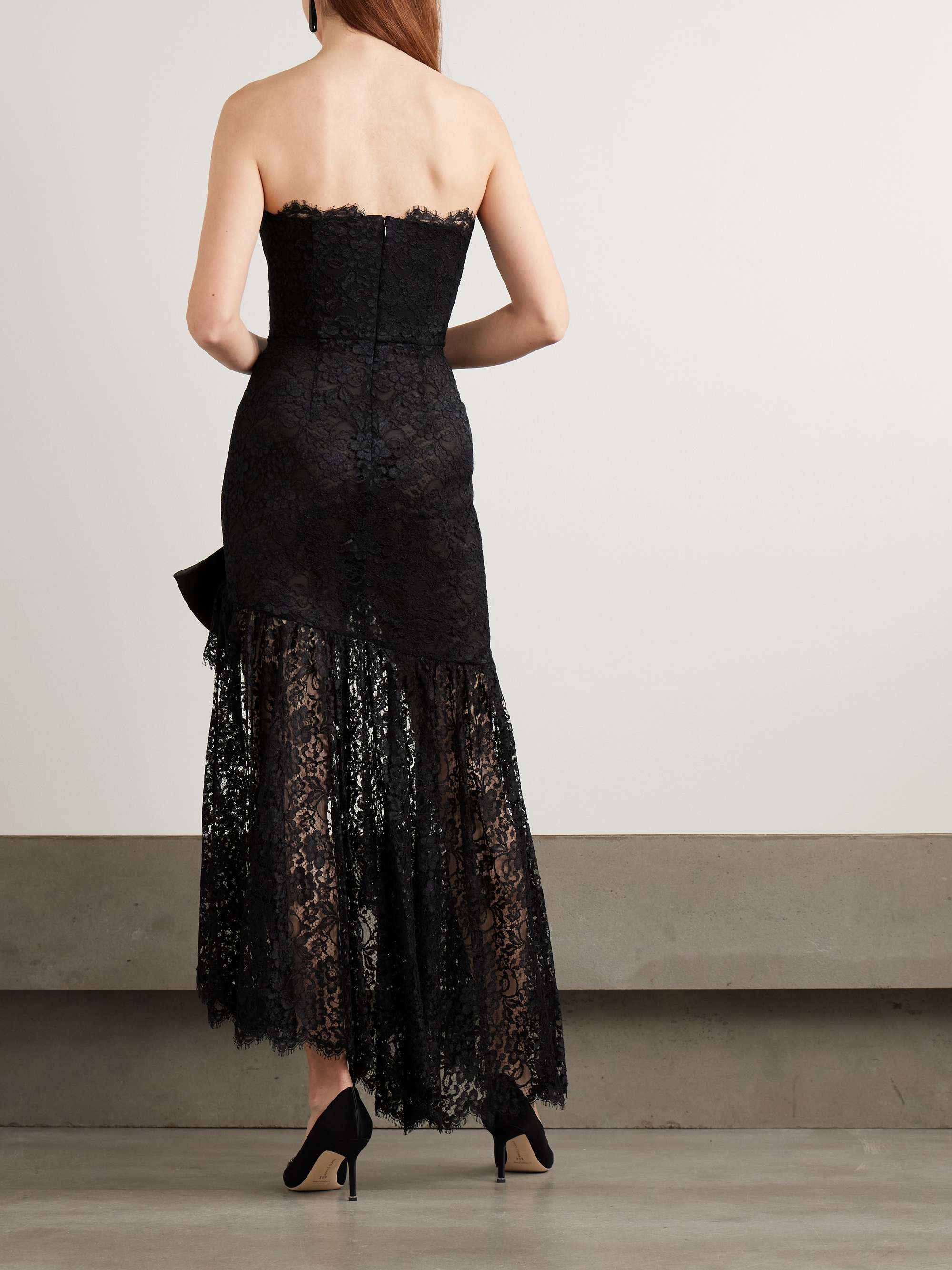 Bow-detailed strapless asymmetric silk-lace dress view