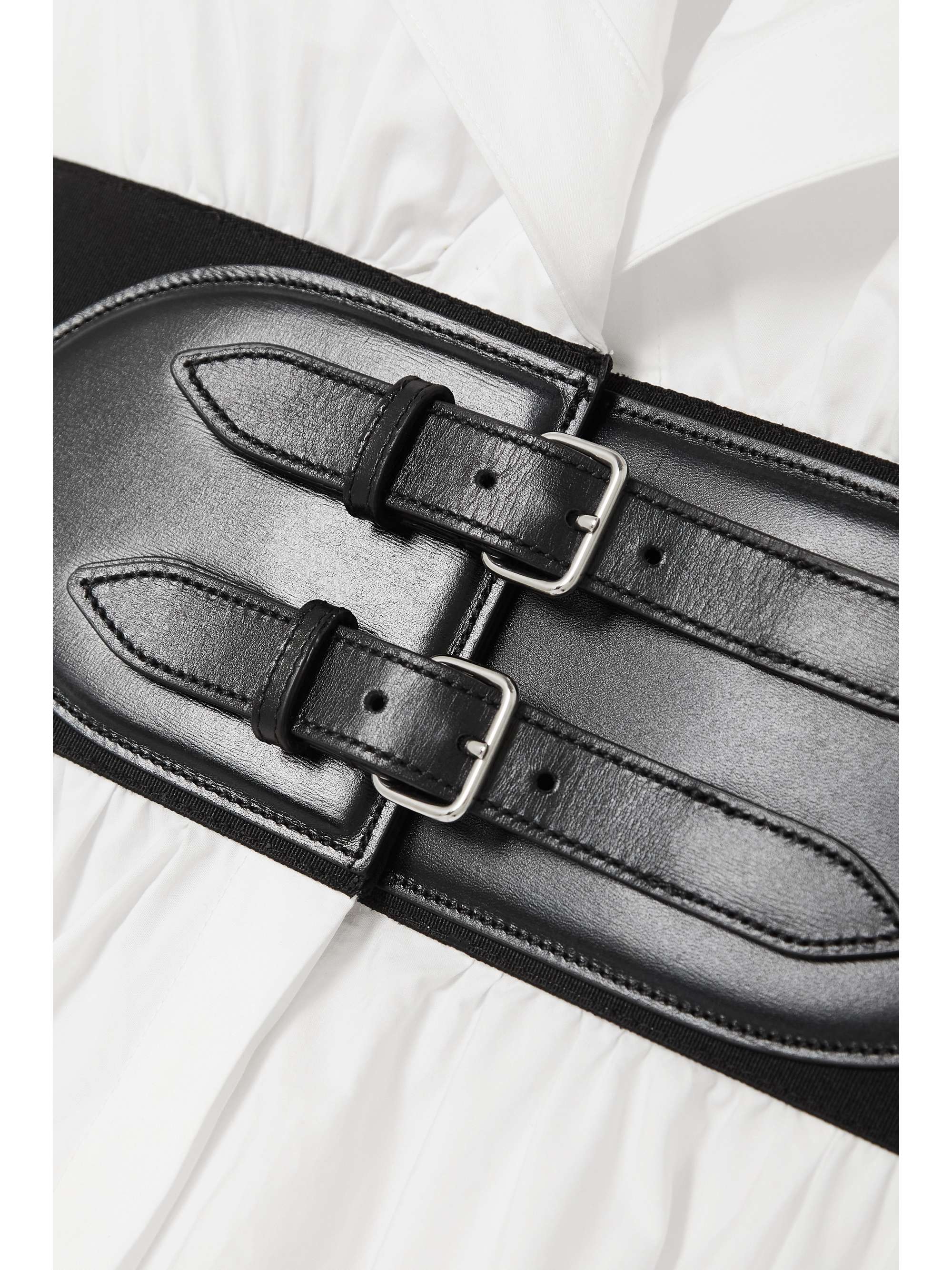 Archetypes cape-effect belted leather-trimmed cotton-poplin midi dress view