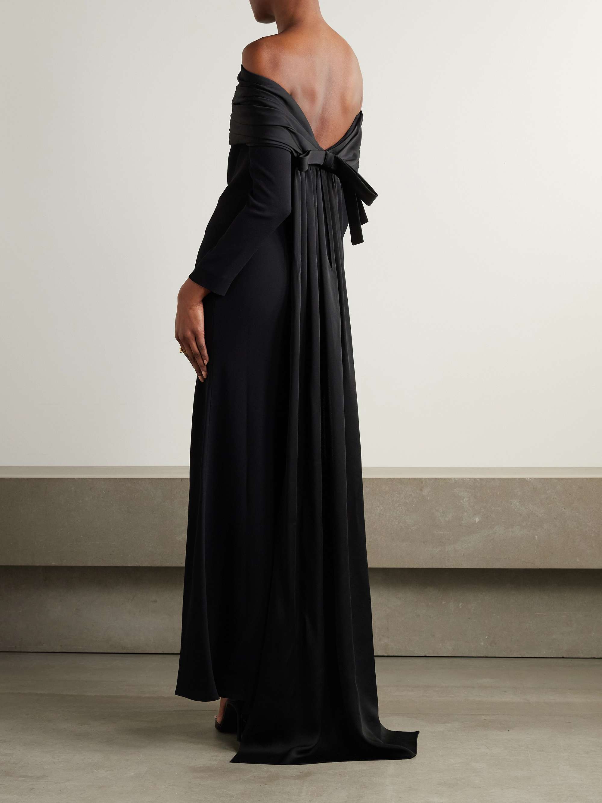 Off-the-shoulder bow-embellished pleated satin-trimmed crepe maxi dress view