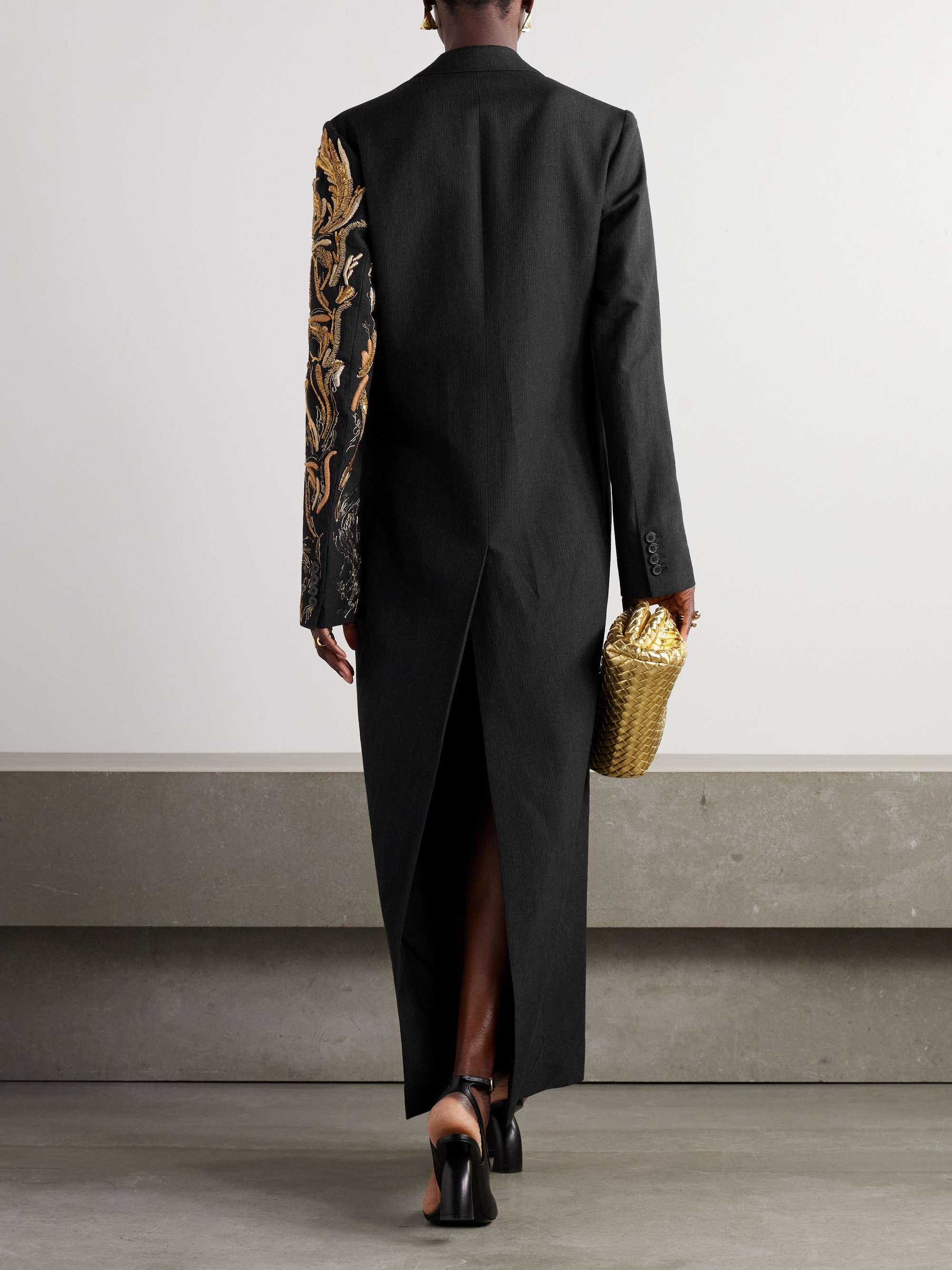 Double-breasted embellished striped wool and linen-blend coat view