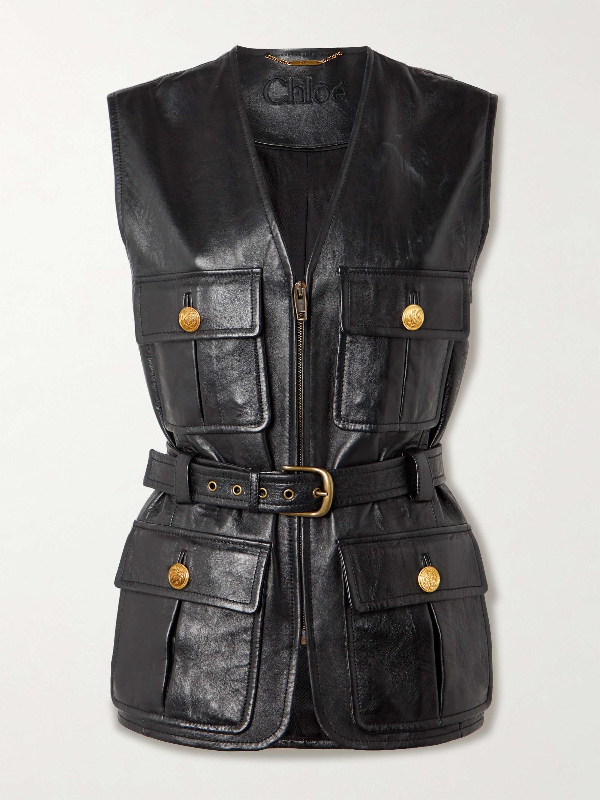 Belted leather vest view