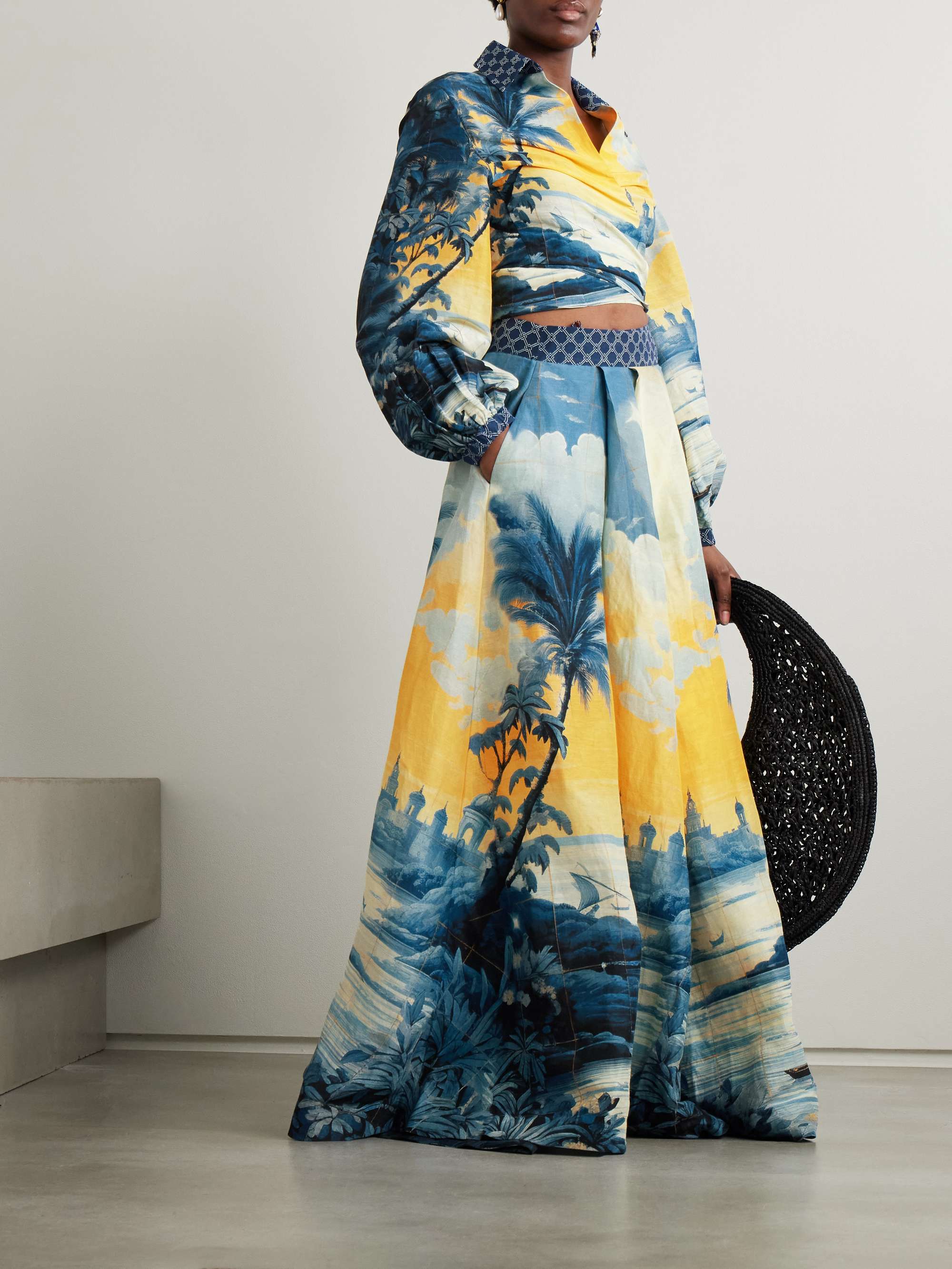 Embellished printed linen and silk-blend maxi wrap skirt view