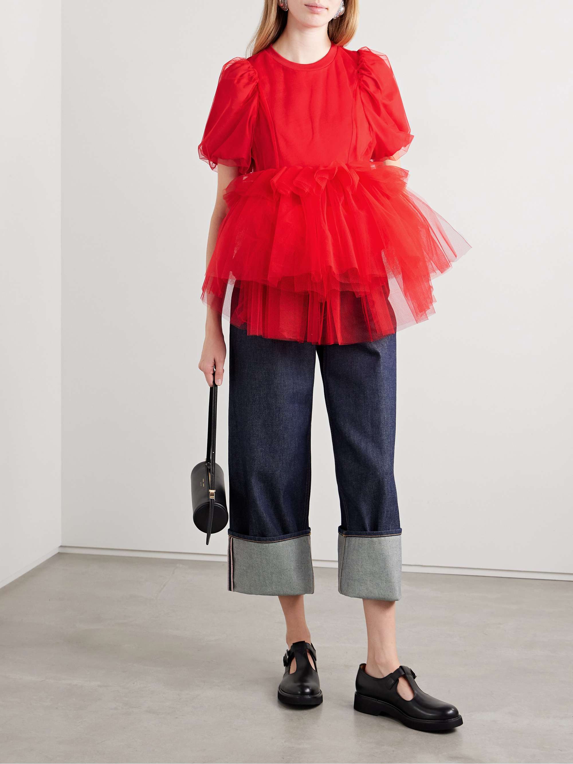Layered ruffled cotton-jersey and tulle T-shirt view
