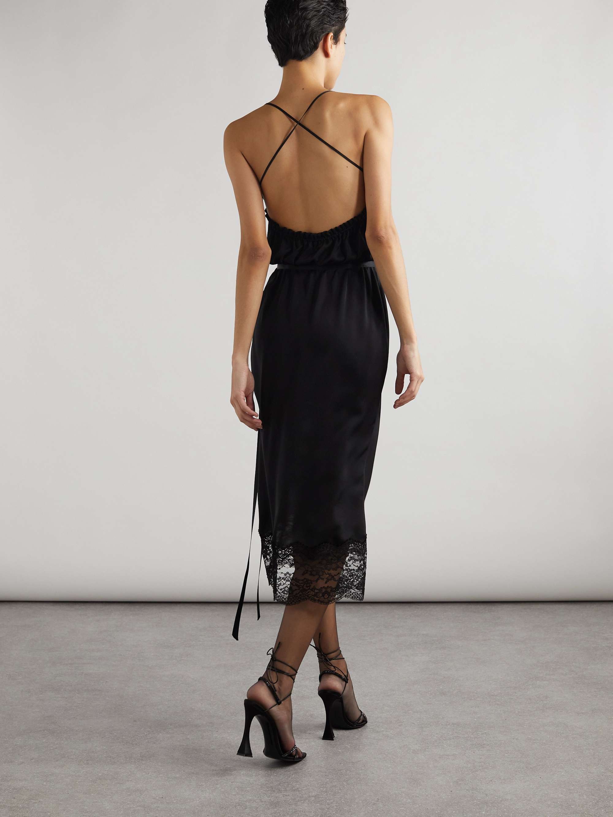 Wrap-effect belted lace-trimmed silk-satin midi dress view
