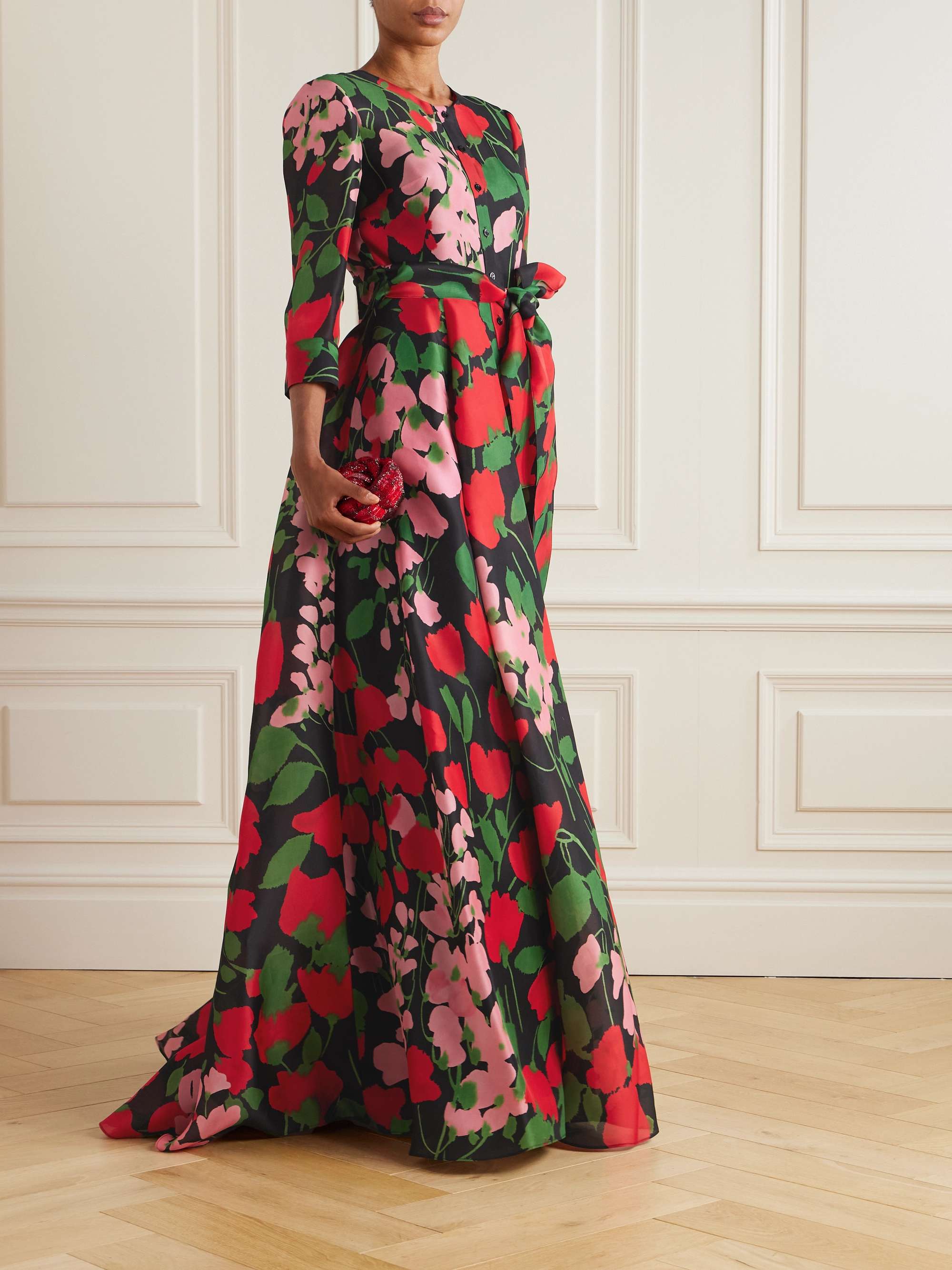 Belted floral-print silk-gazar gown view