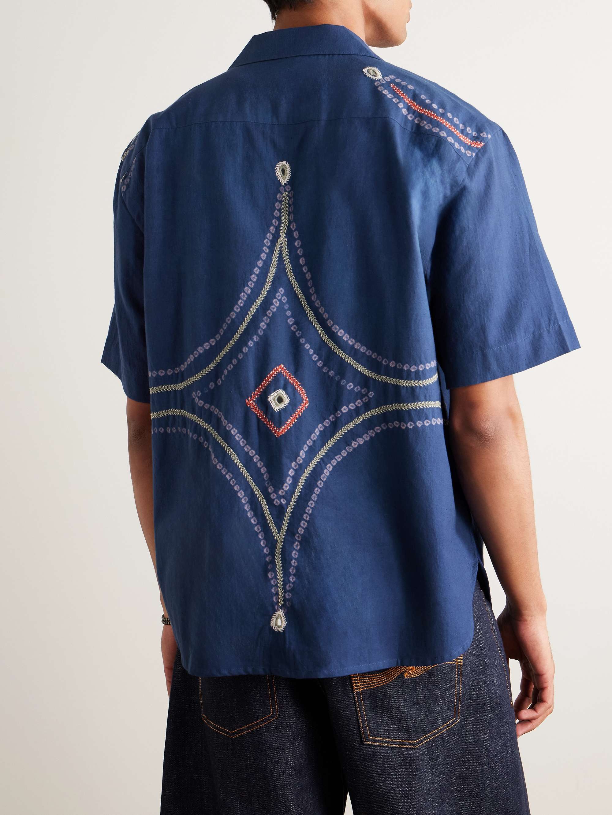 Ronen Convertible-Collar Embroidered Printed Cotton-Khadi Shirt view