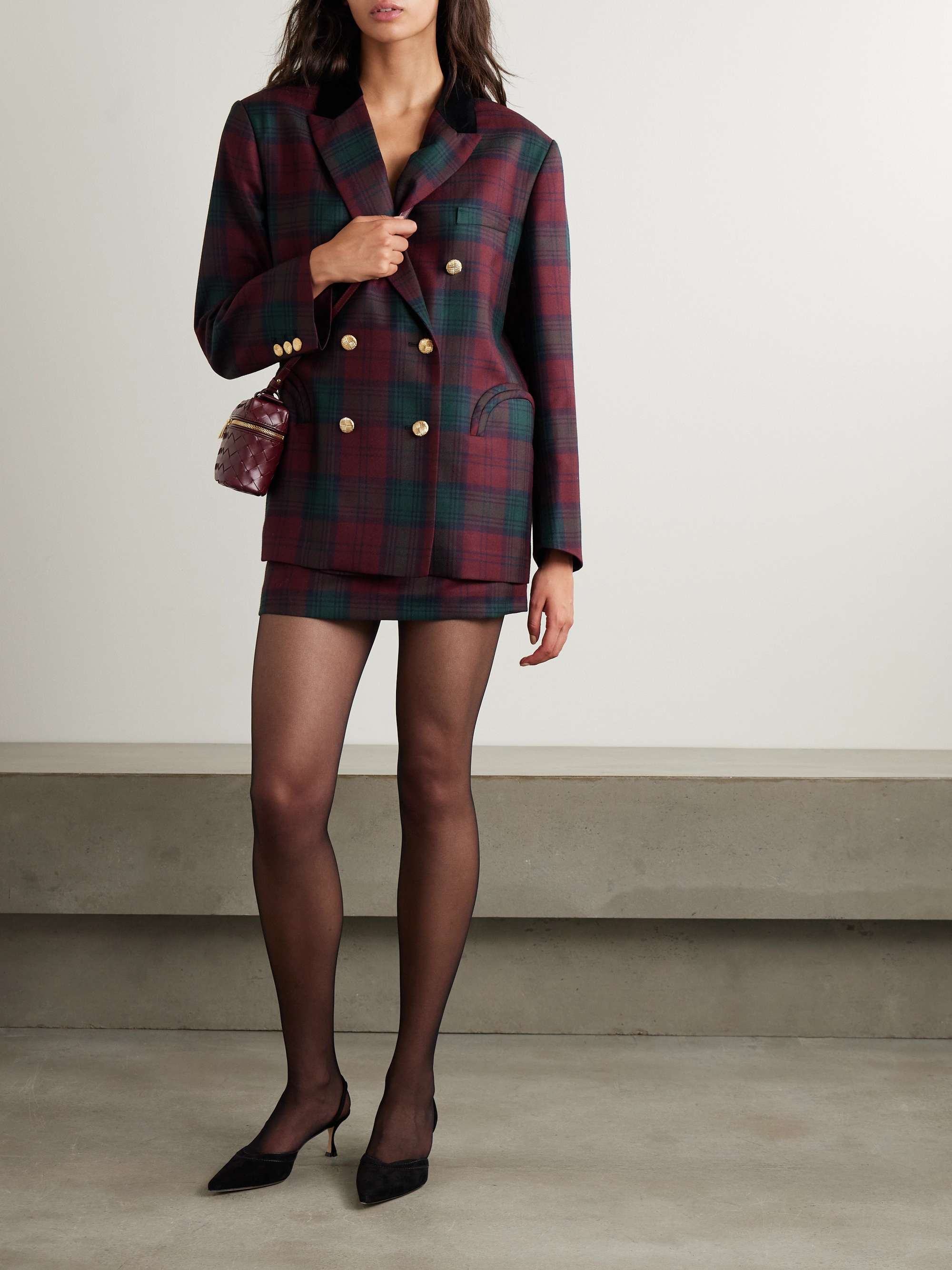 Night Break double-breasted velvet-trimmed checked wool blazer view