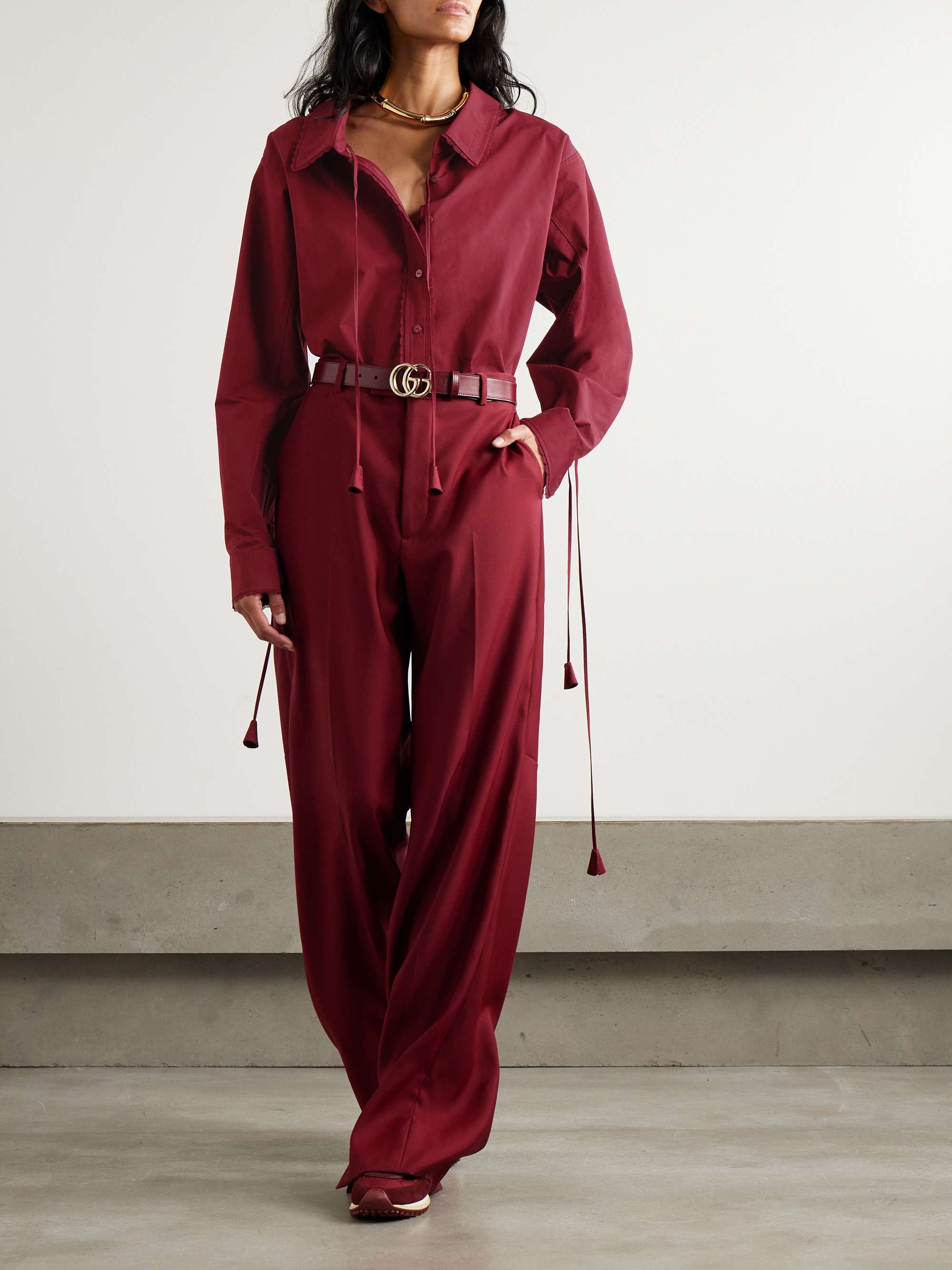 Oversized tie-detailed embossed lace-trimmed cotton-poplin shirt view