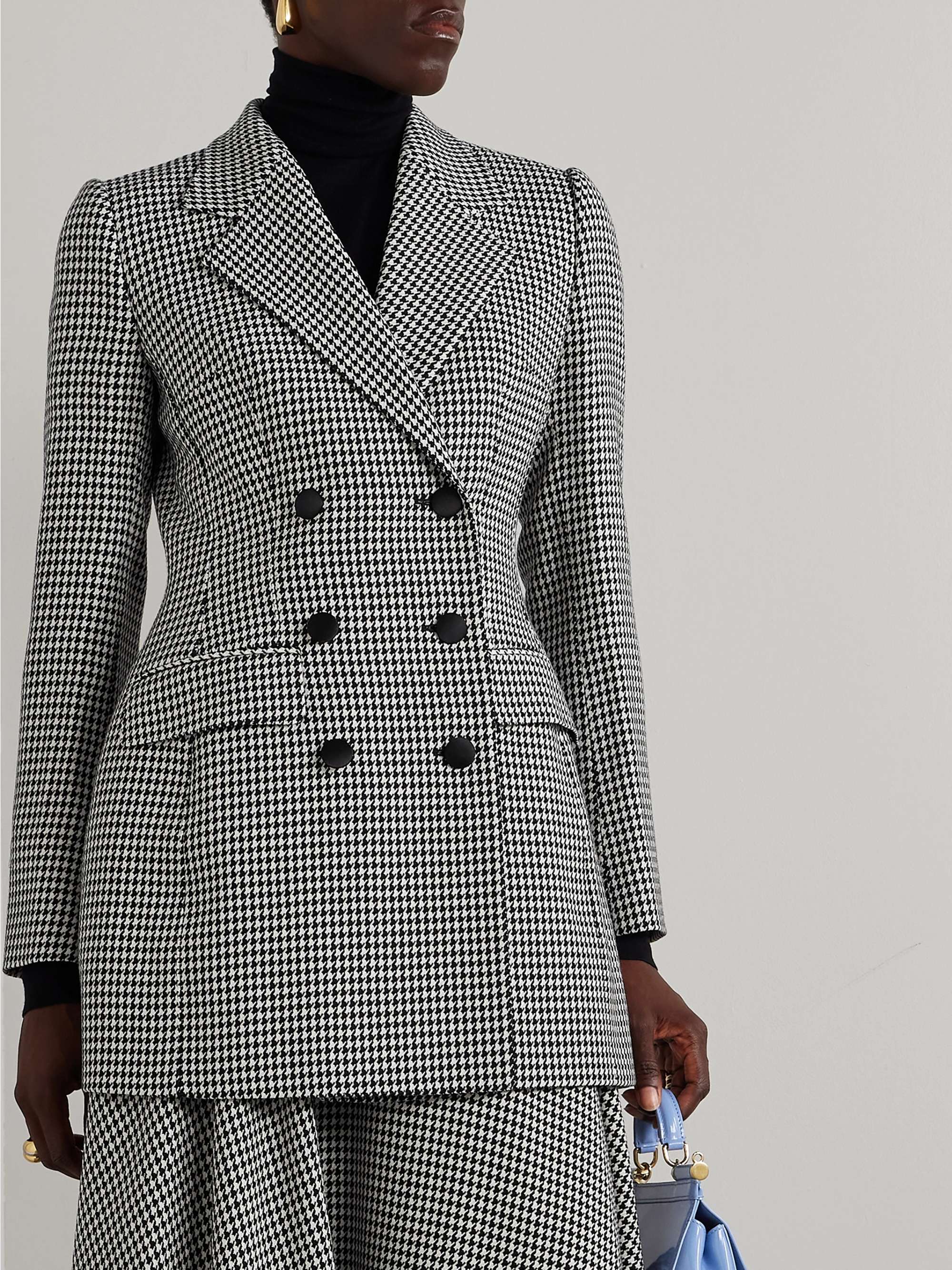 Double-breasted houndstooth wool-blend blazer view